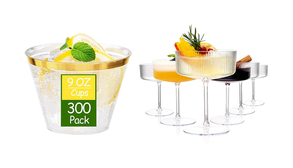 Gold Party Cups & Ribbed Martini Glasses – 312 Pieces