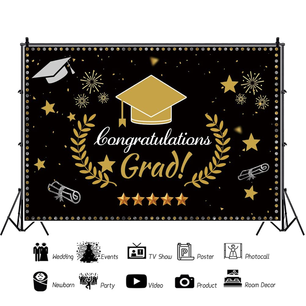Black & Gold Graduation Party Backdrop – 20 × 10 ft