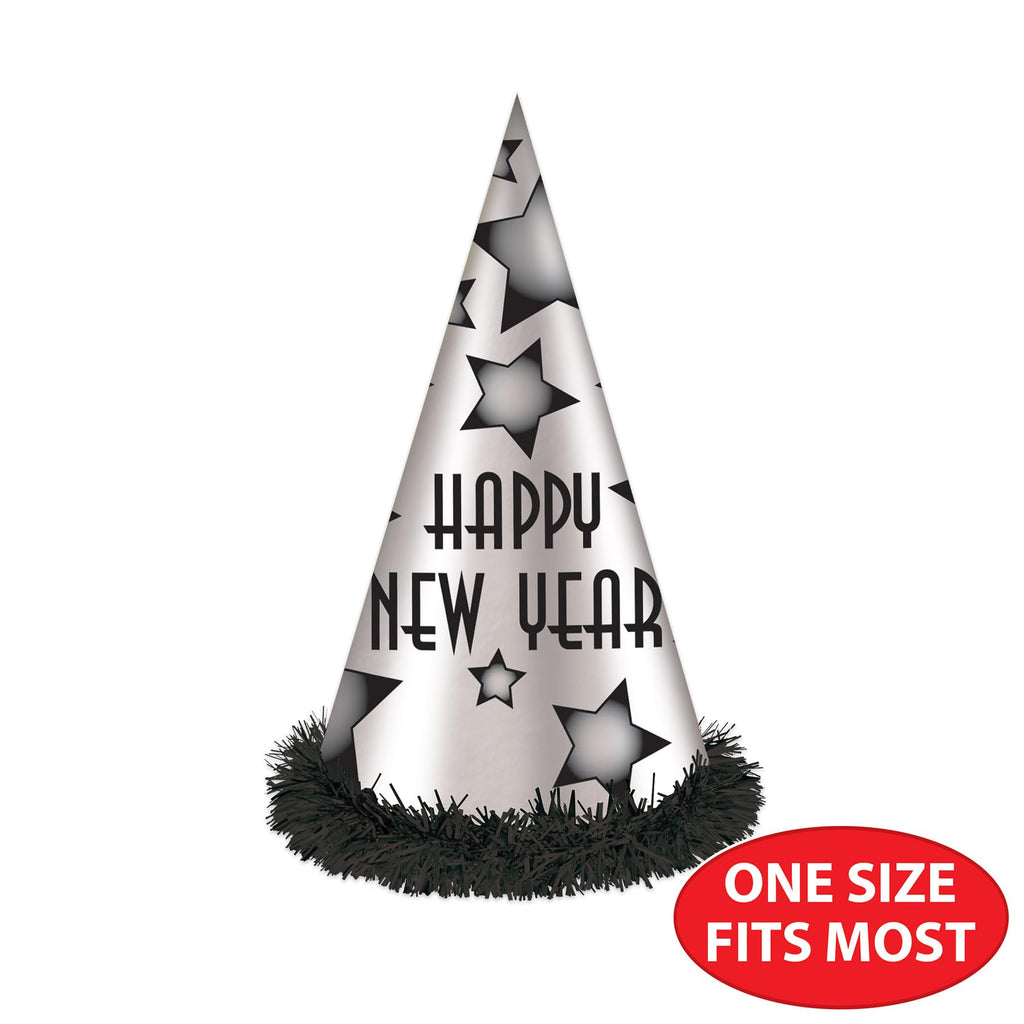 Black & Silver New Year Party Hats – 25 Pieces