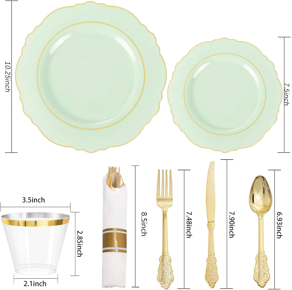 Light Green & Gold Disposable Dinnerware Set – 350 Pieces