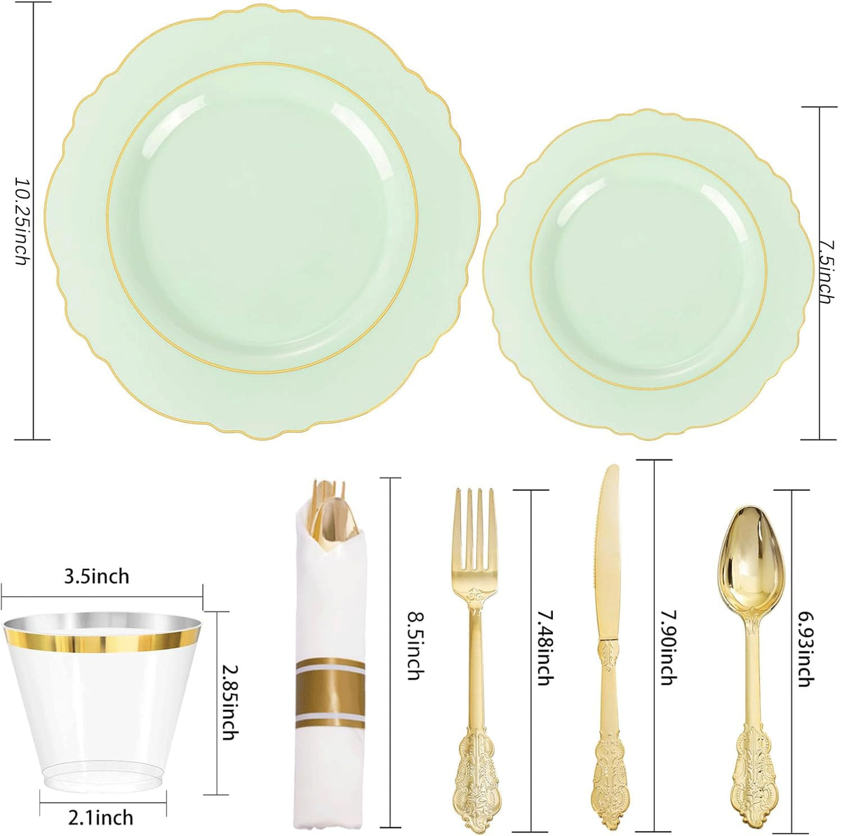 Light Green & Gold Disposable Dinnerware Set – 350 Pieces