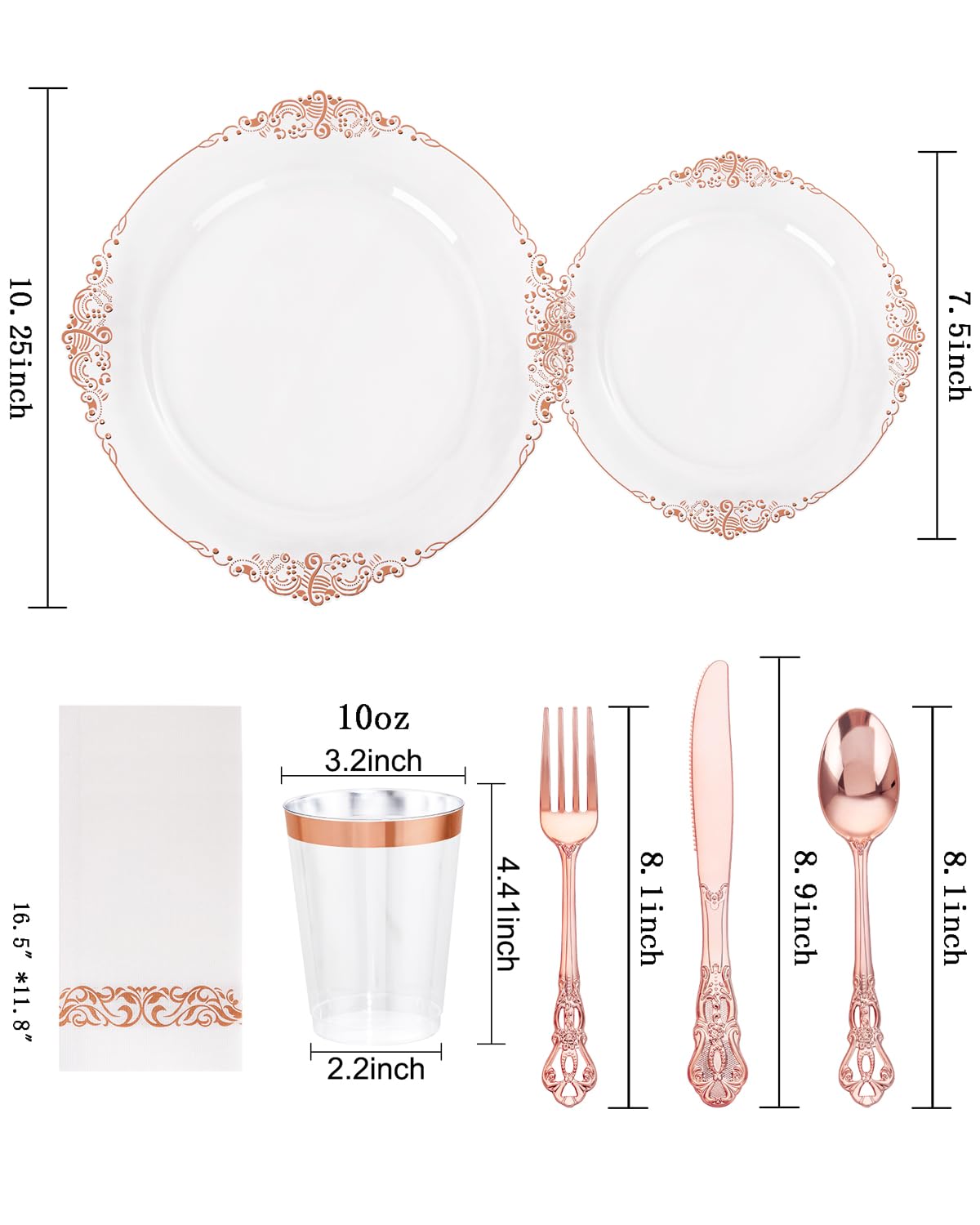 YOUBET 700PCS Rose Gold Plastic Dinnerware Set for Wedding Party