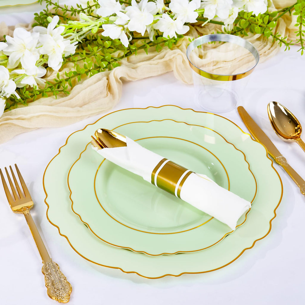 Light Green & Gold Disposable Dinnerware Set – 350 Pieces