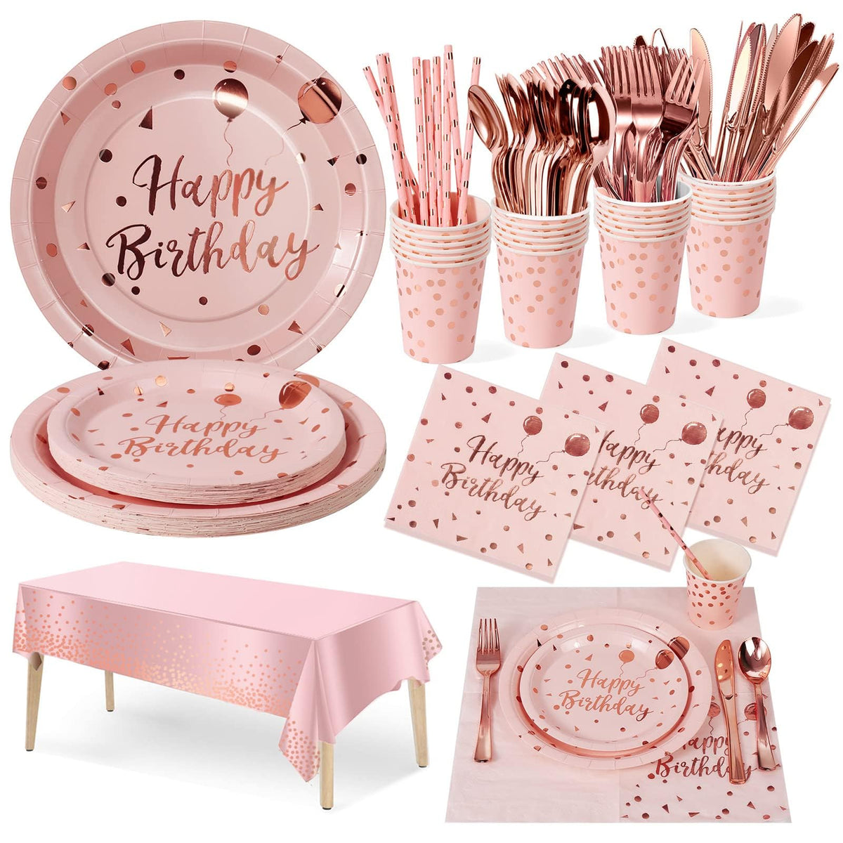 Nkaiso 161 Pcs Pink and Rosegold Birthday Plates and Napkins Set -20 Serves