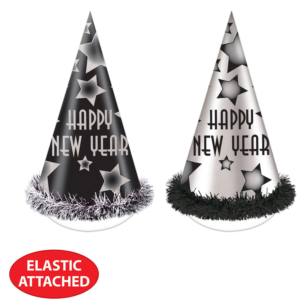 Black & Silver New Year Party Hats – 25 Pieces