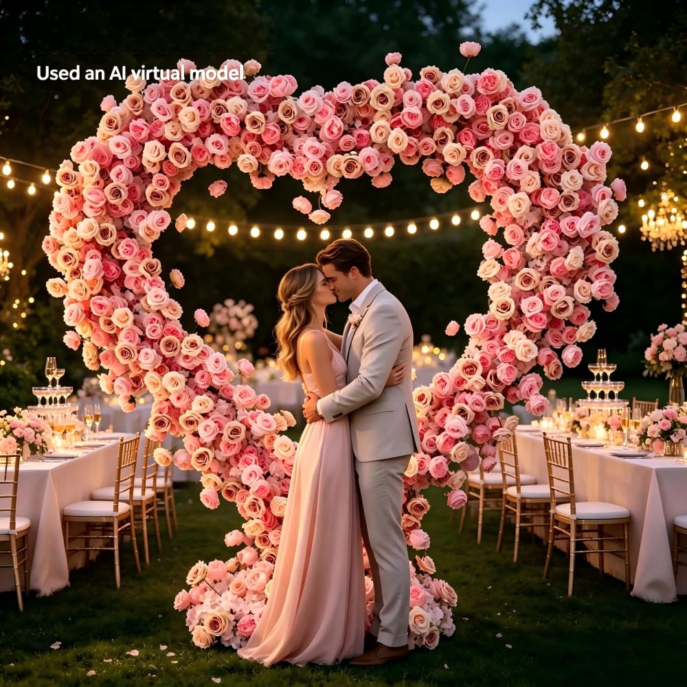Pink Artificial Flower Decor with Fabric Heart-Shaped Backdrop