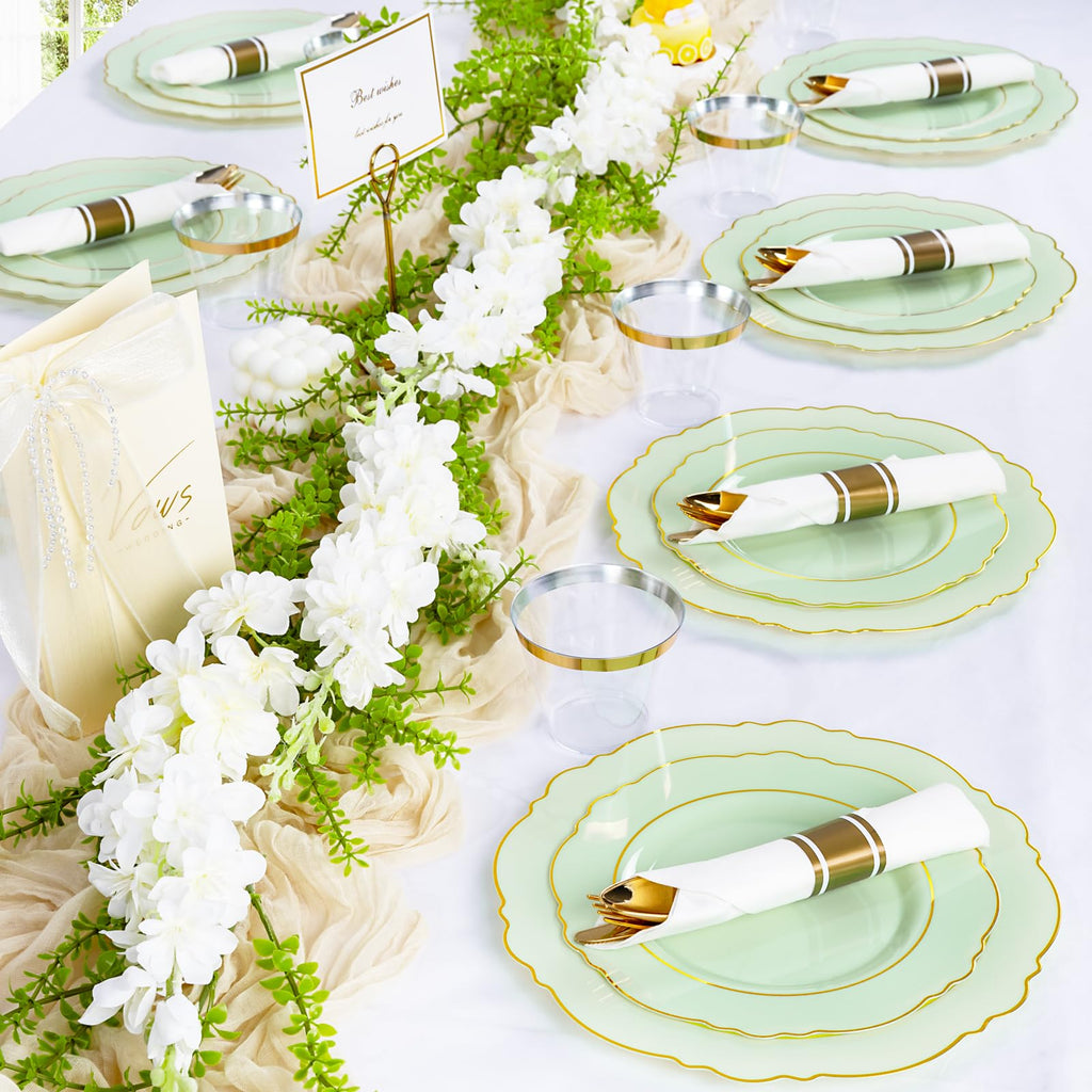 Light Green & Gold Disposable Dinnerware Set – 350 Pieces