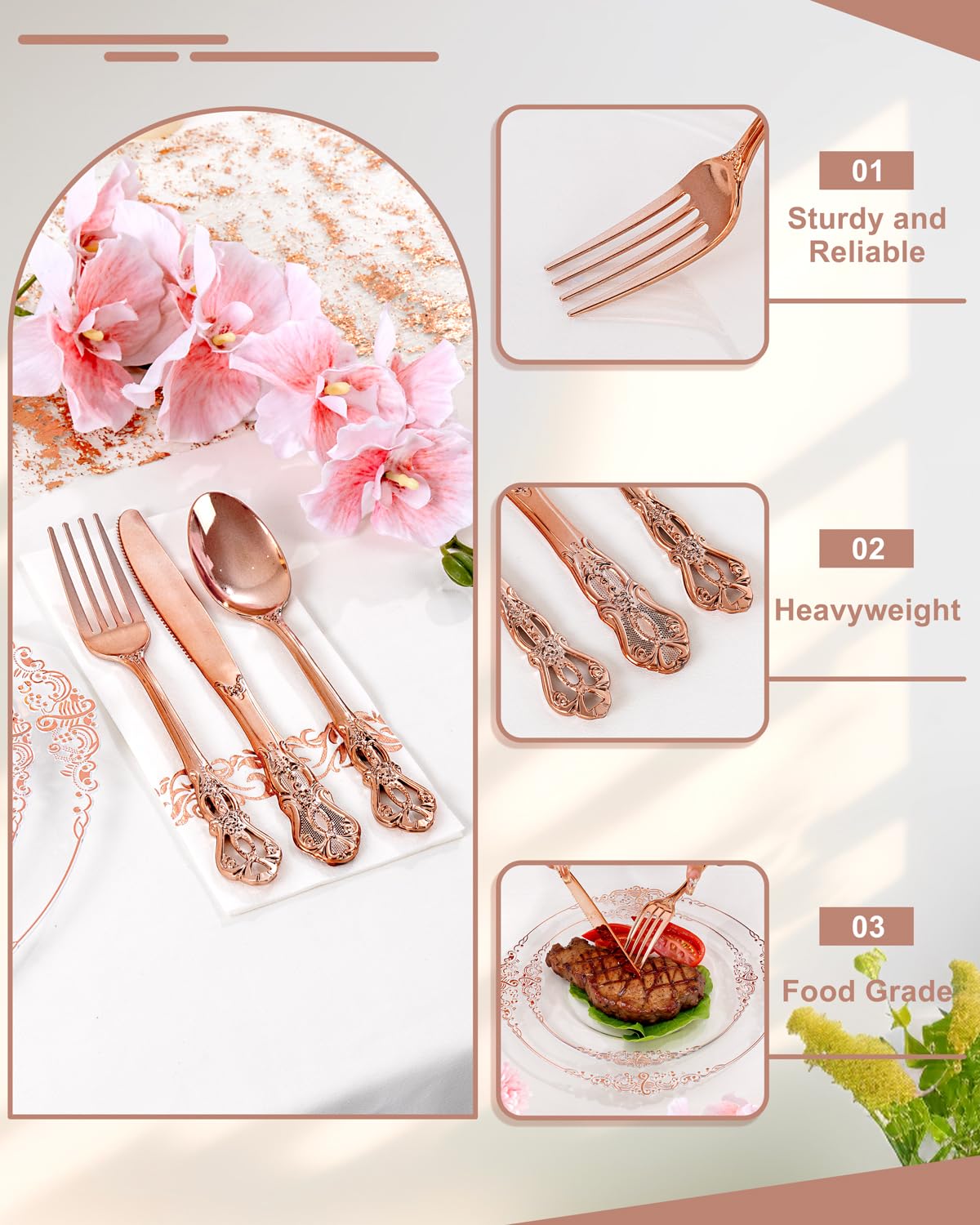 YOUBET 700PCS Rose Gold Plastic Dinnerware Set for Wedding Party
