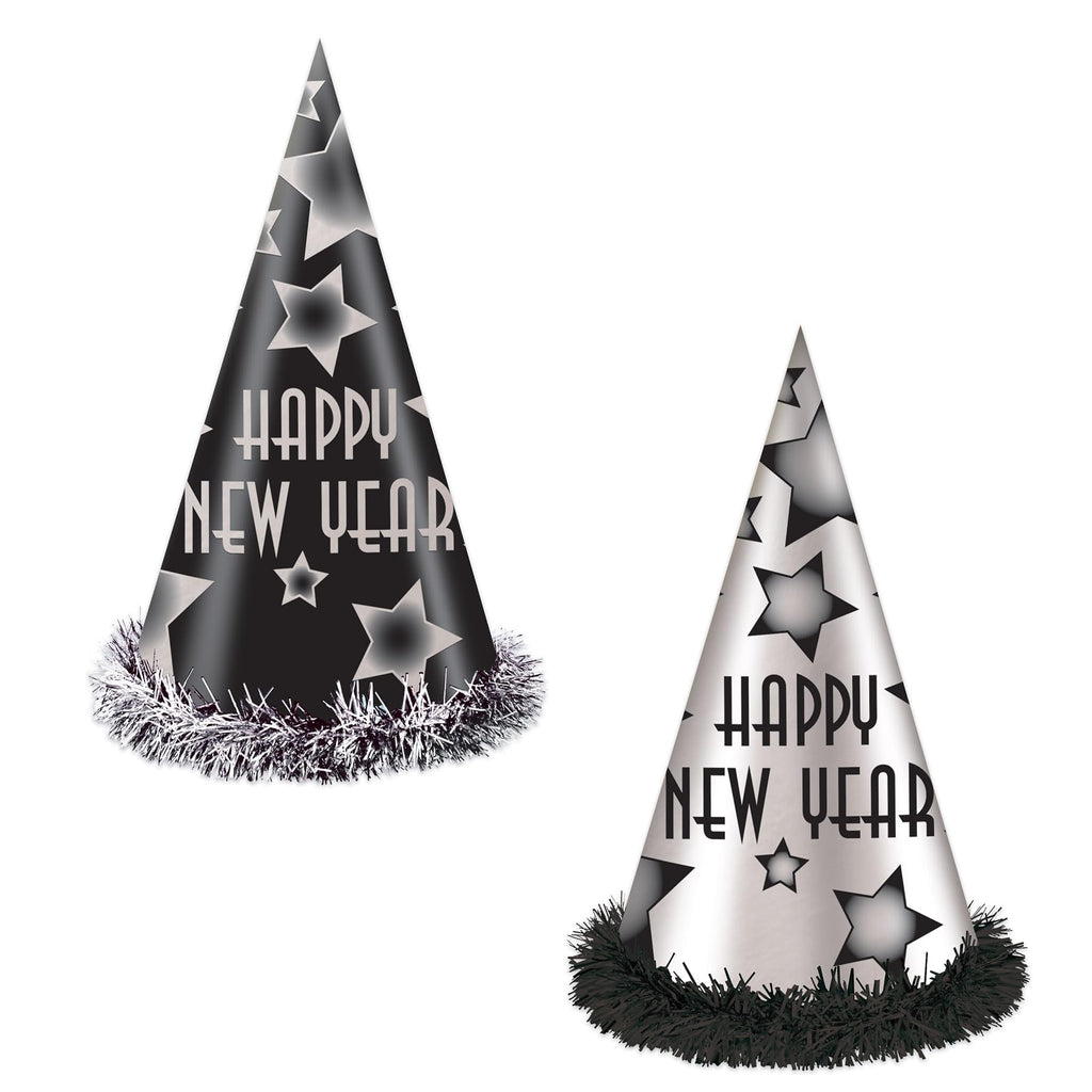 Black & Silver New Year Party Hats – 25 Pieces
