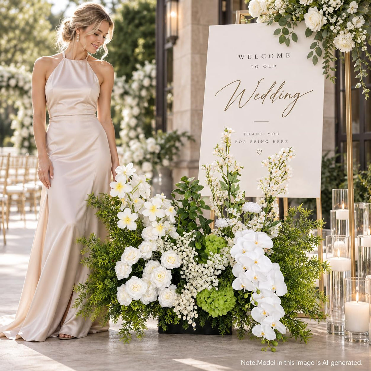 Artificial Floor Flower Arrangement, White & Green Wedding Event Decor
