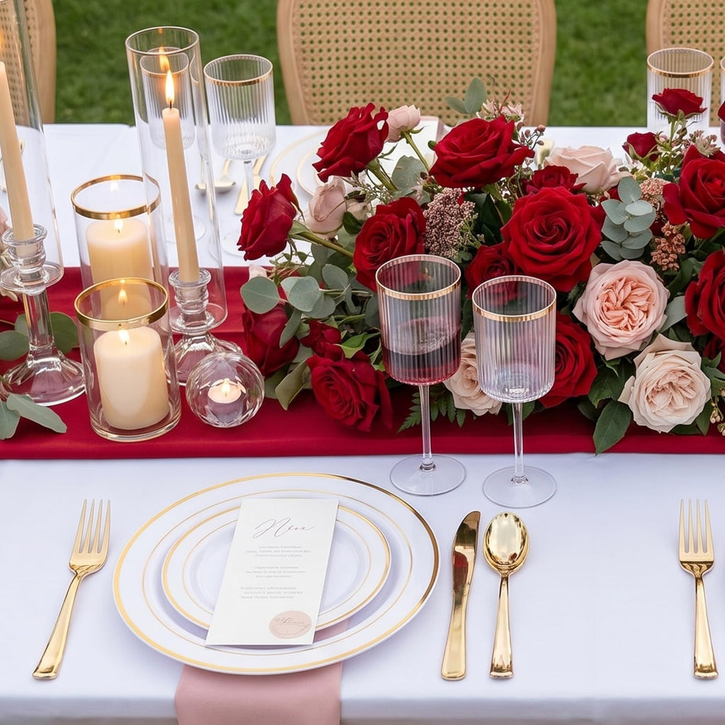 Gold Disposable Plates & Clear Wine Glasses – 374 Pieces