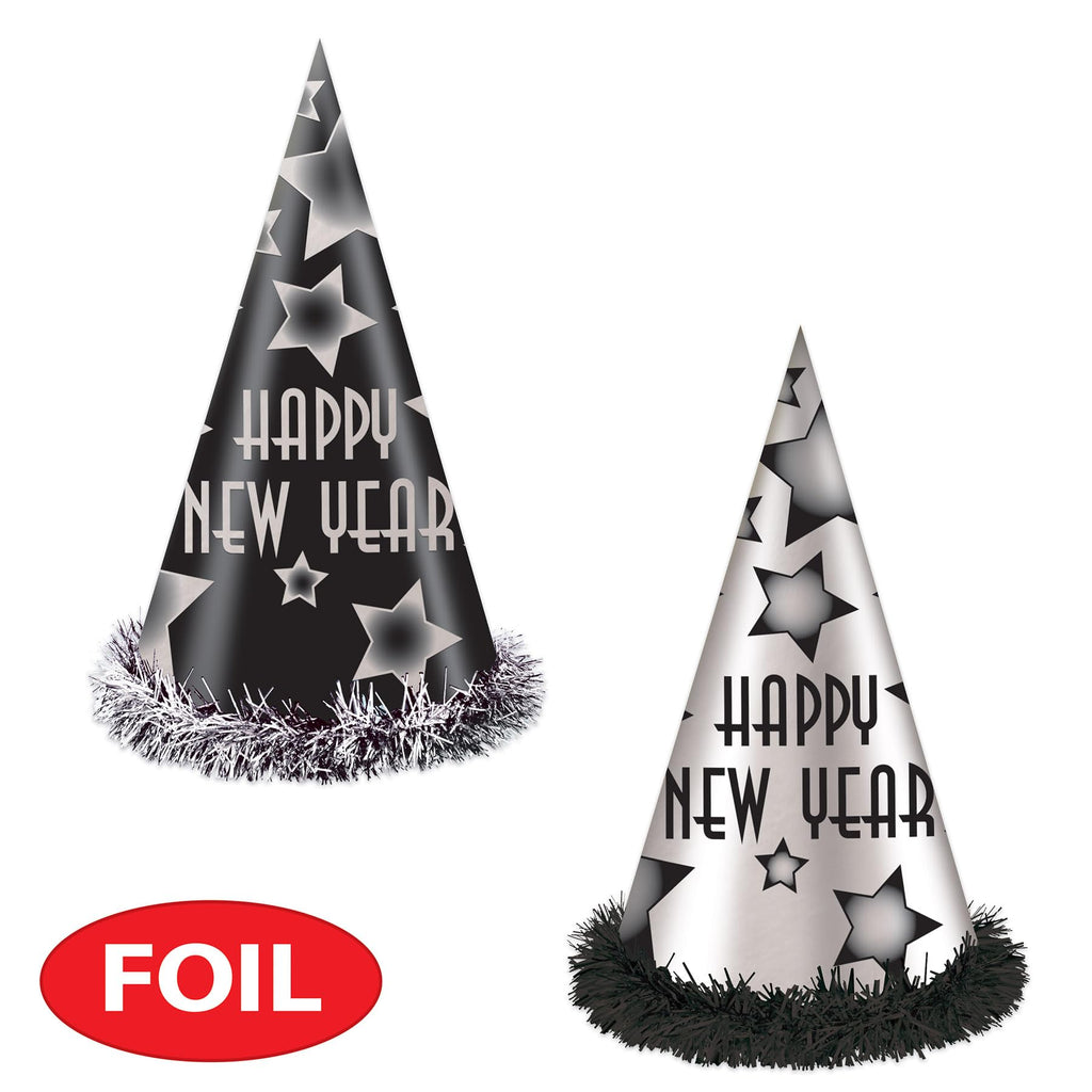 Black & Silver New Year Party Hats – 25 Pieces