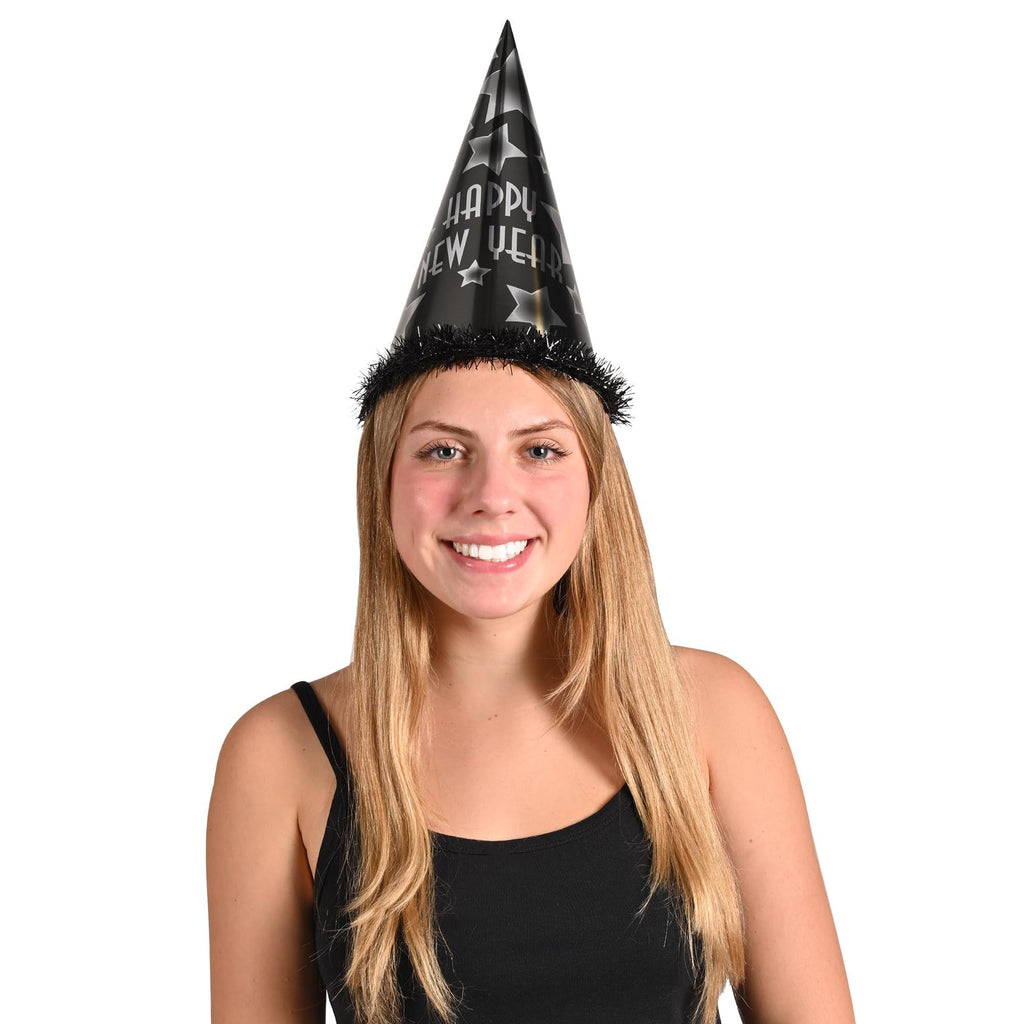 Black & Silver New Year Party Hats – 25 Pieces