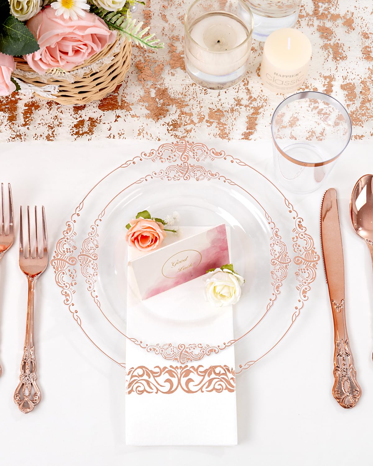 YOUBET 700PCS Rose Gold Plastic Dinnerware Set for Wedding Party
