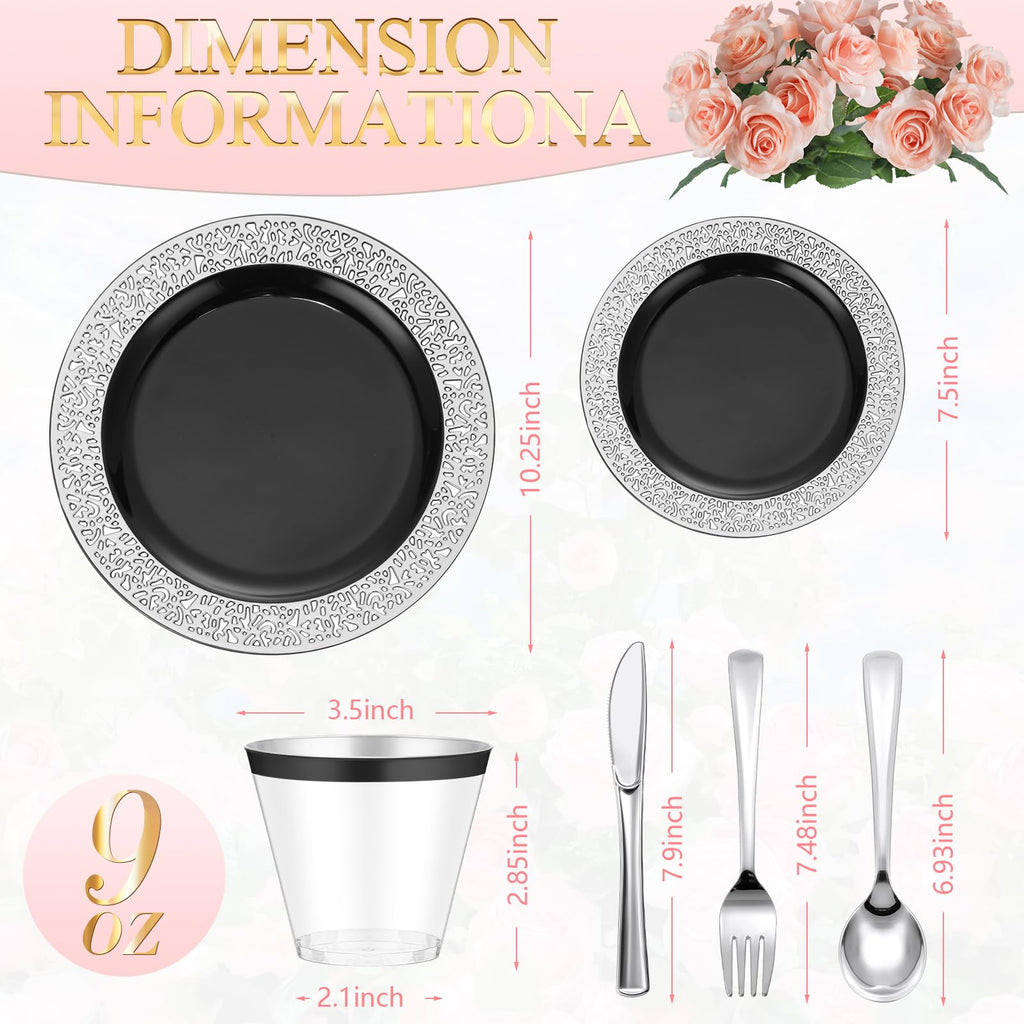 Black & Silver Disposable Dinnerware Set – 300 Pieces