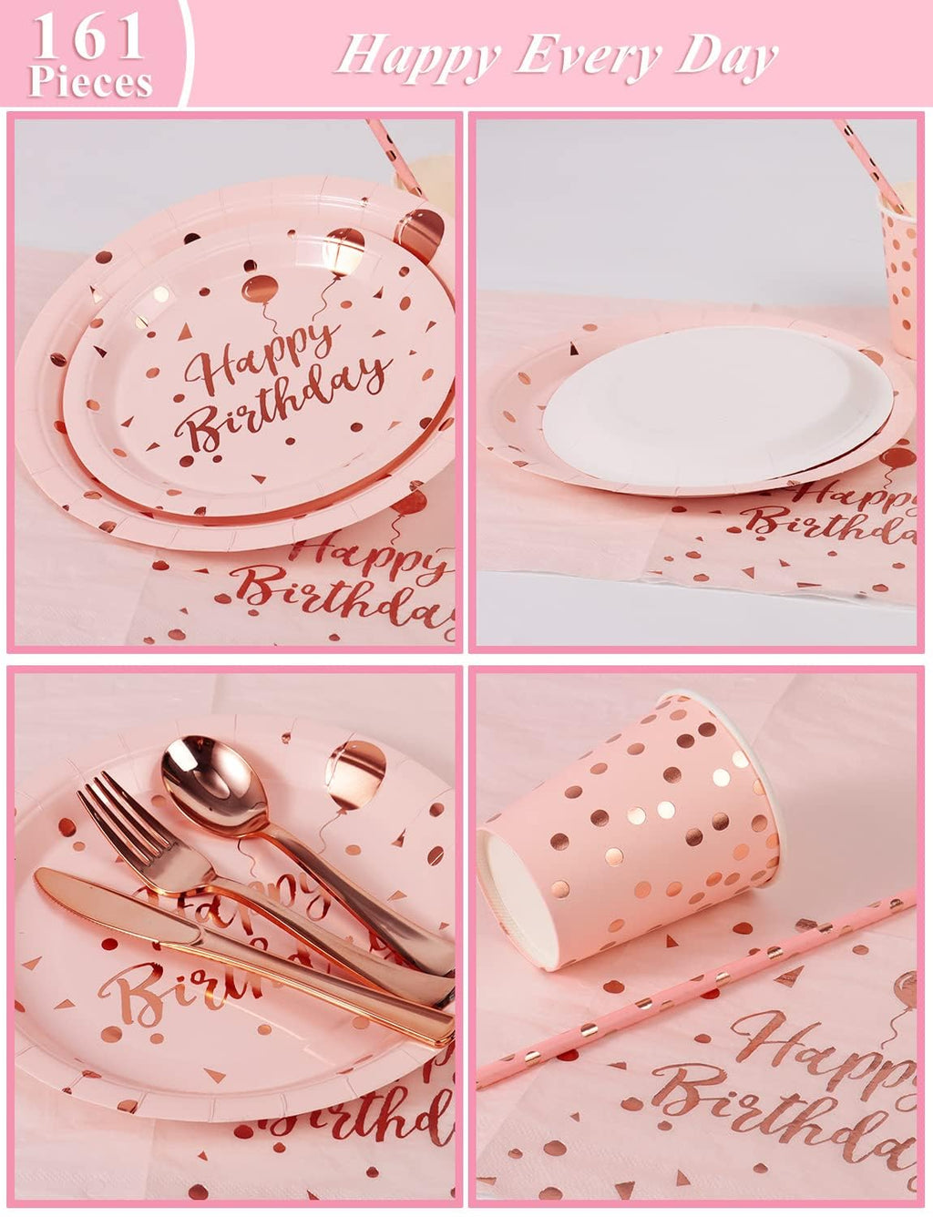 Nkaiso 161 Pcs Pink and Rosegold Birthday Plates and Napkins Set -20 Serves