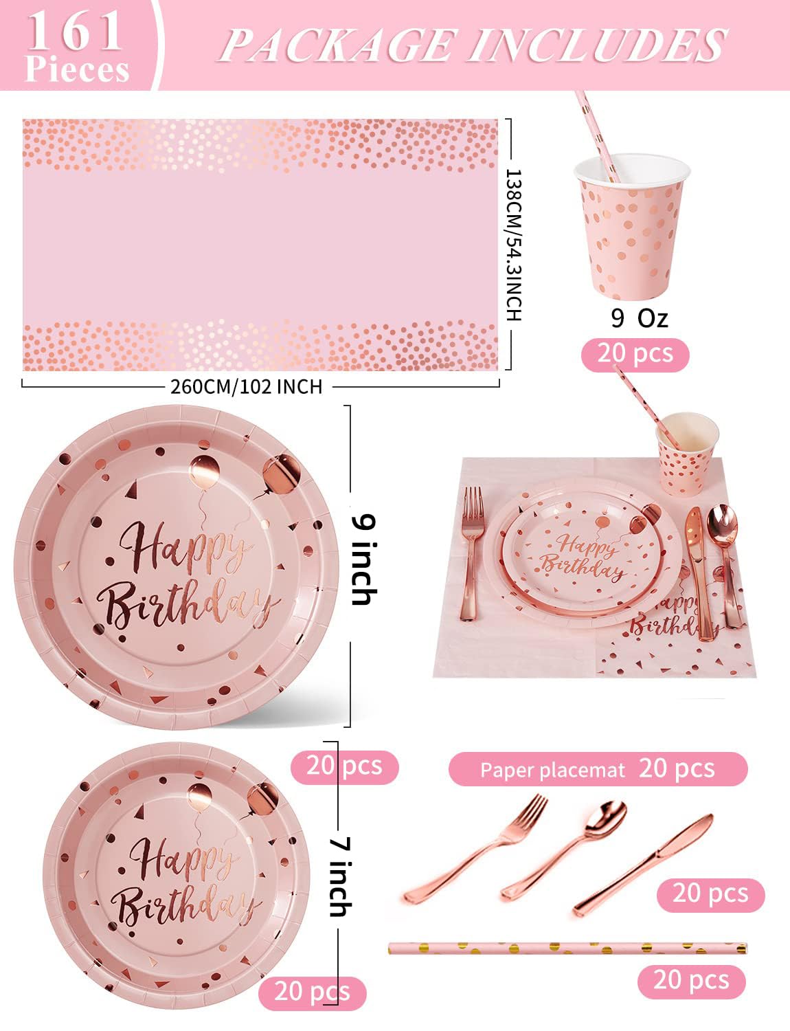 Nkaiso 161 Pcs Pink and Rosegold Birthday Plates and Napkins Set -20 Serves