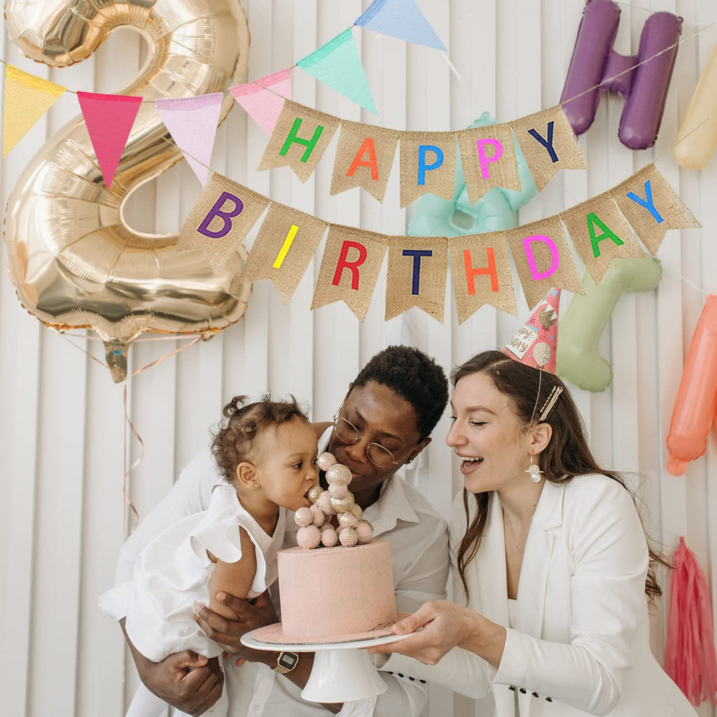 Colorful Happy Birthday Linen Bunting Banner