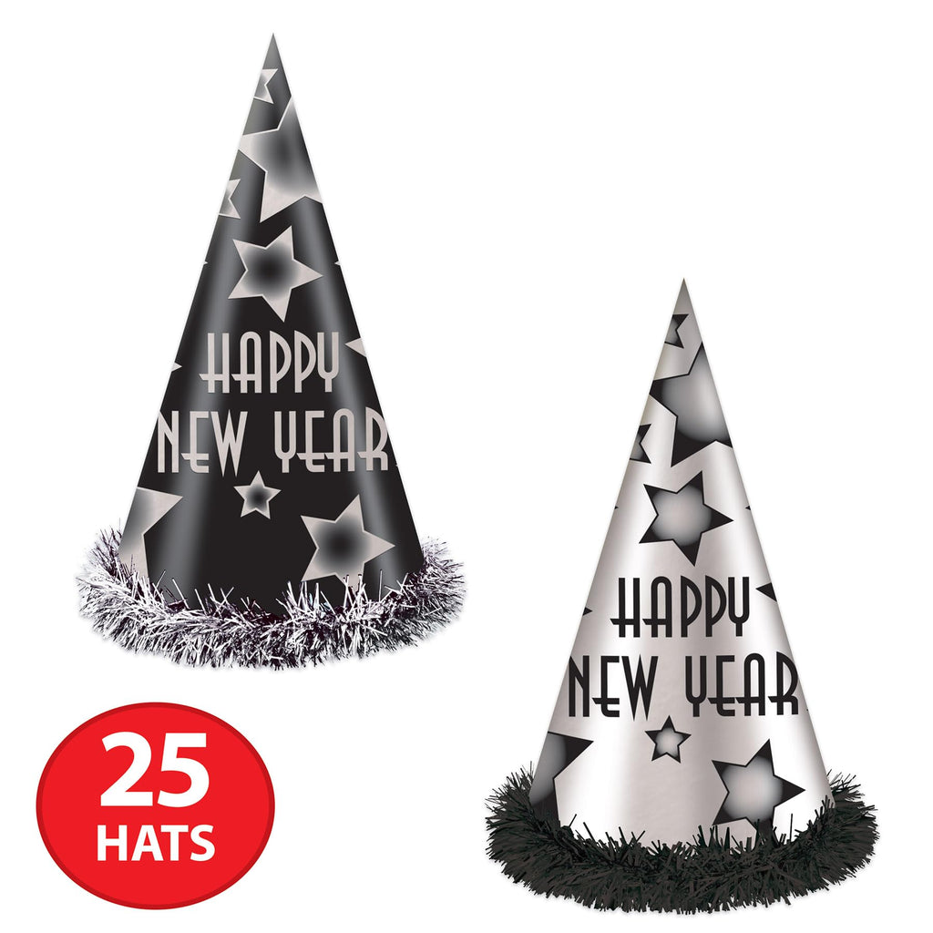 Black & Silver New Year Party Hats – 25 Pieces