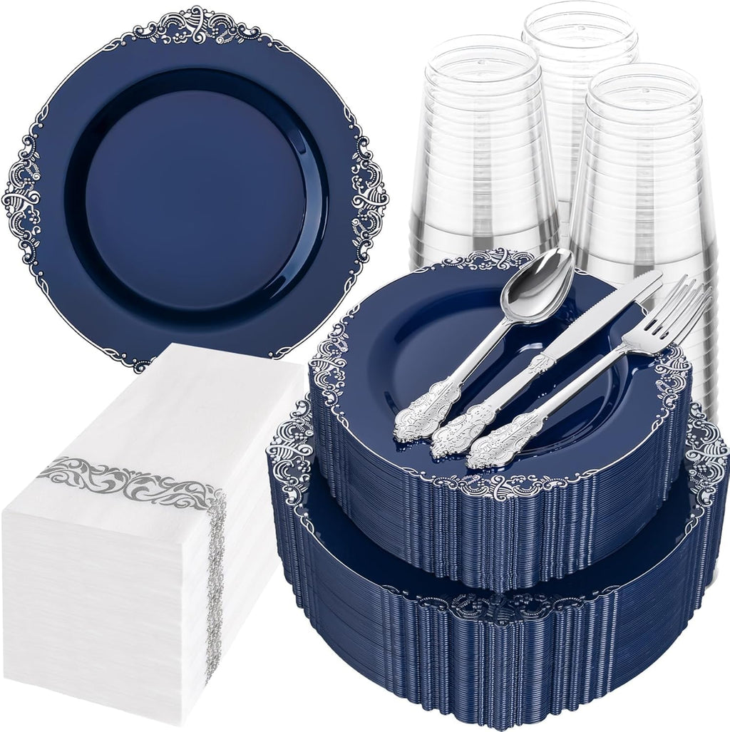 Hioasis 350 Pcs Blue Silver Plates for Graduation