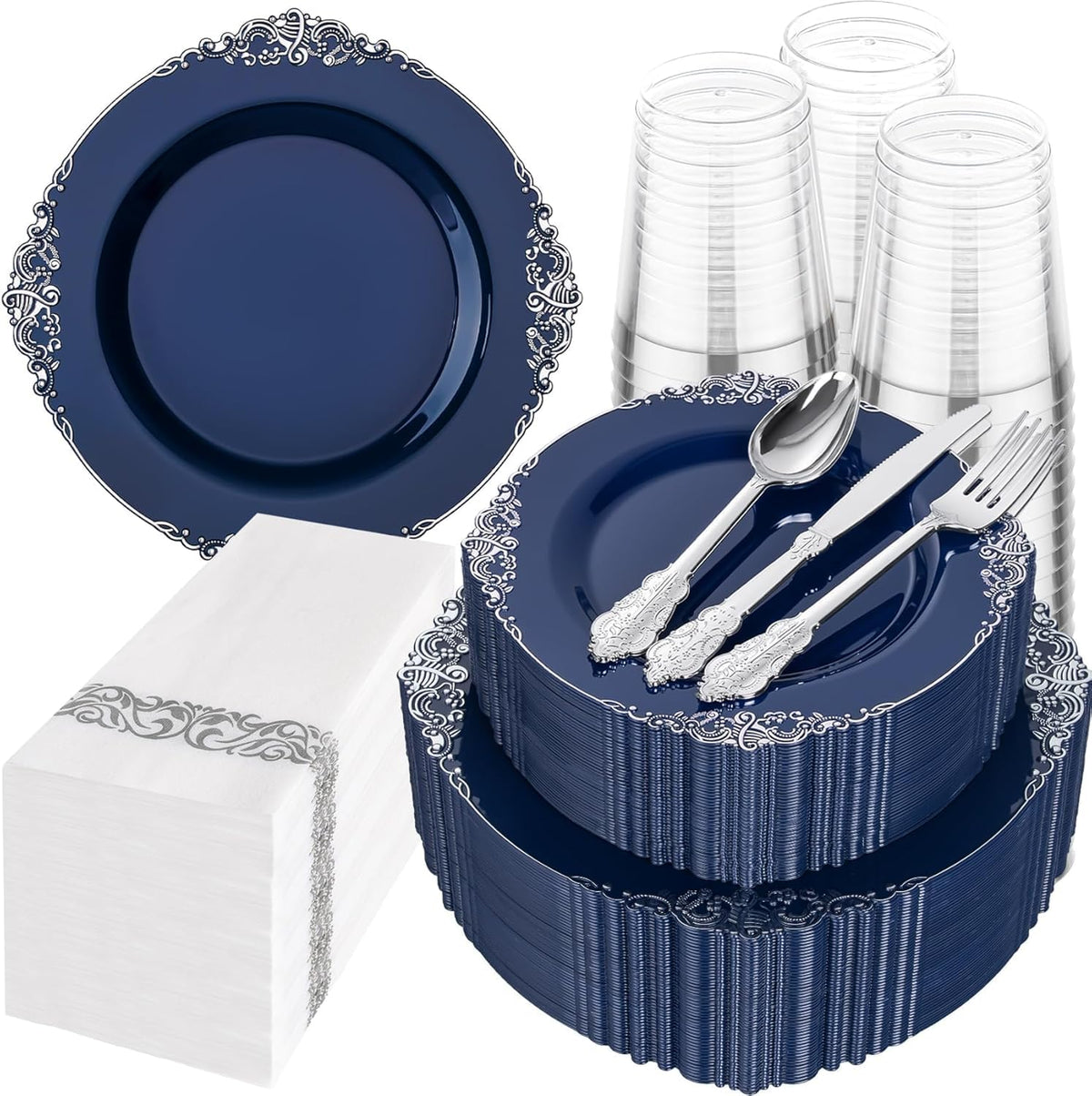Hioasis 350 Pcs Blue Silver Plates for Graduation