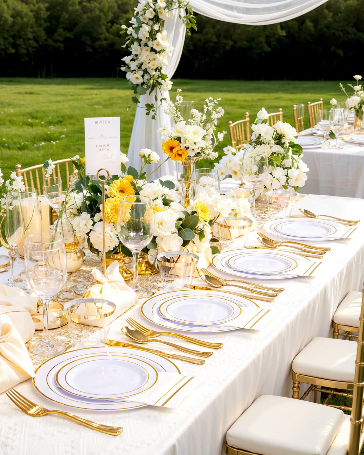 Gold Disposable Plates & Clear Wine Glasses – 374 Pieces