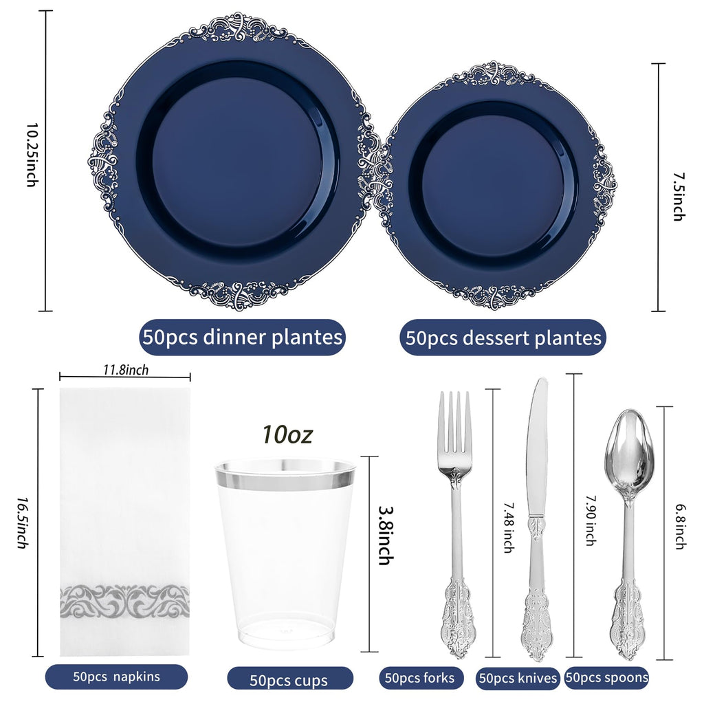 Hioasis 350 Pcs Blue Silver Plates for Graduation