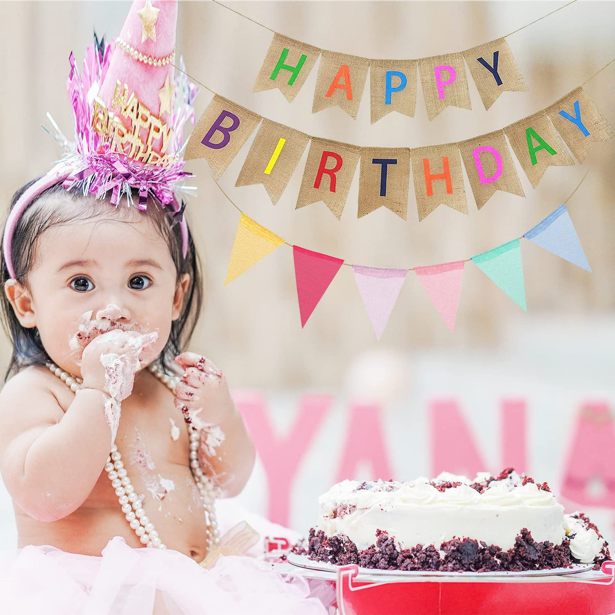 Colorful Happy Birthday Linen Bunting Banner