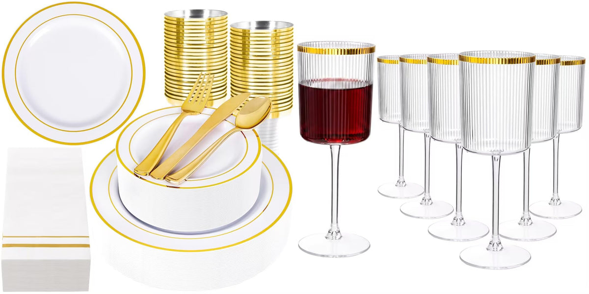 Gold Disposable Plates & Clear Wine Glasses – 374 Pieces