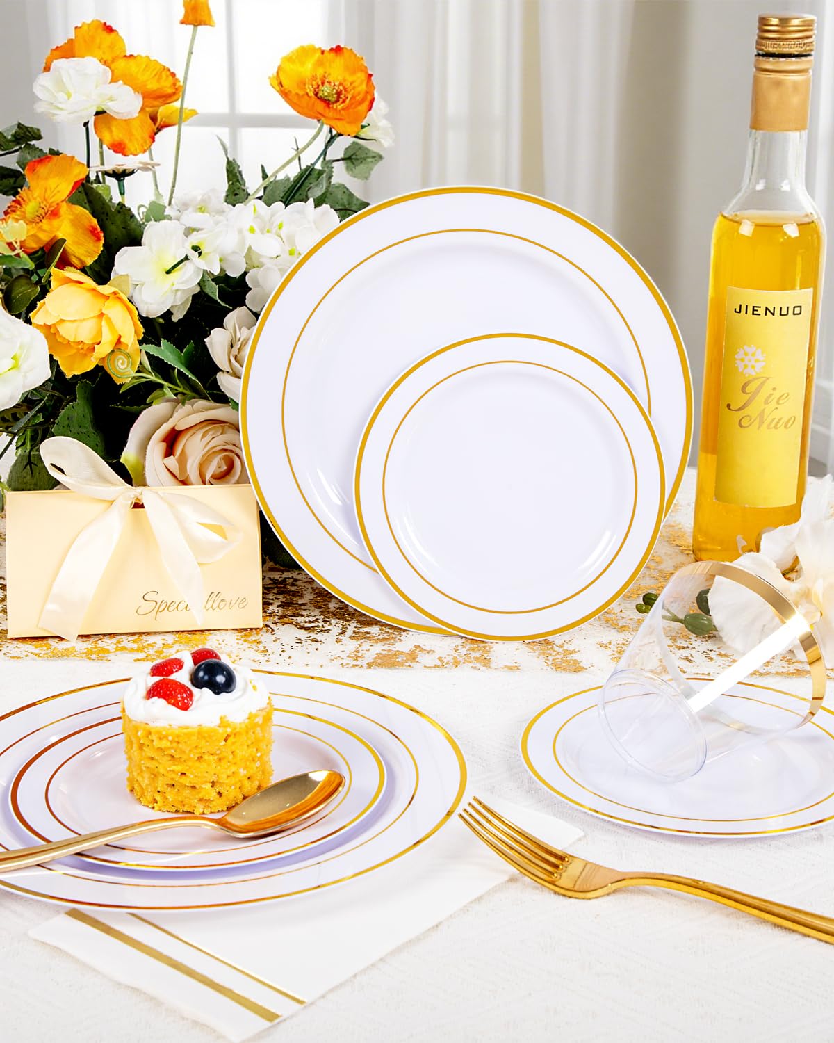 Gold Disposable Plates & Clear Wine Glasses – 374 Pieces