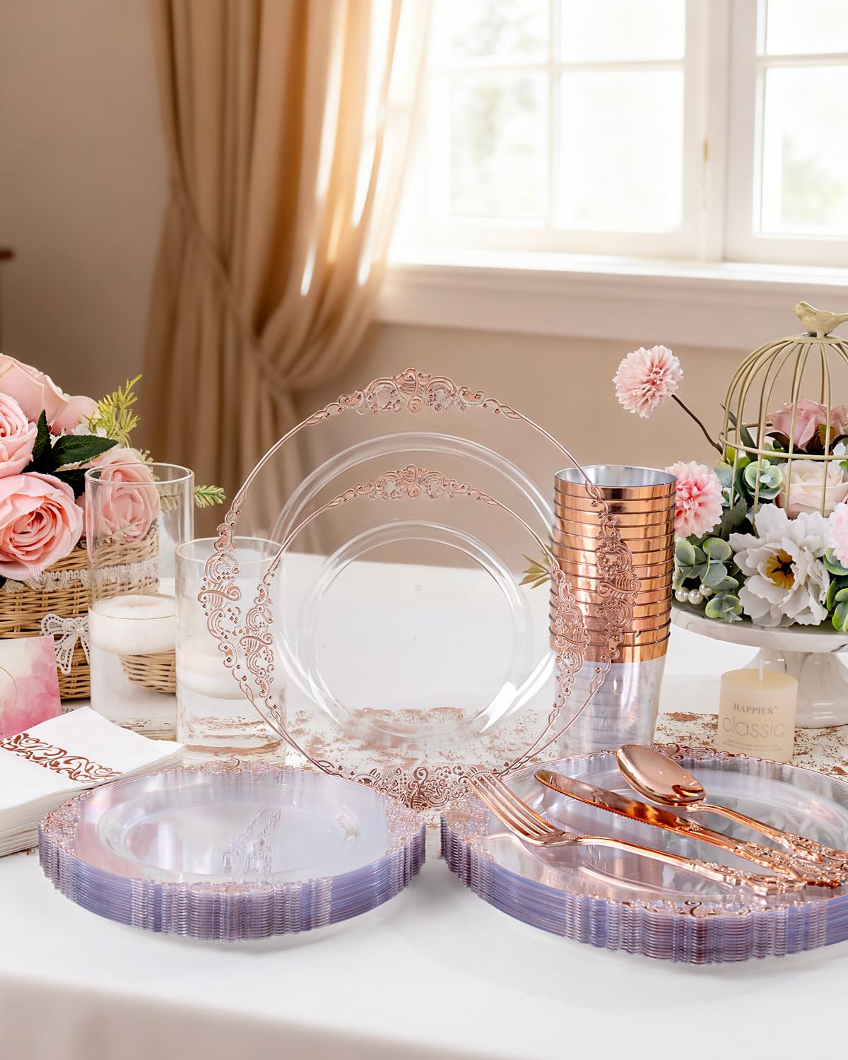 YOUBET 700PCS Rose Gold Plastic Dinnerware Set for Wedding Party