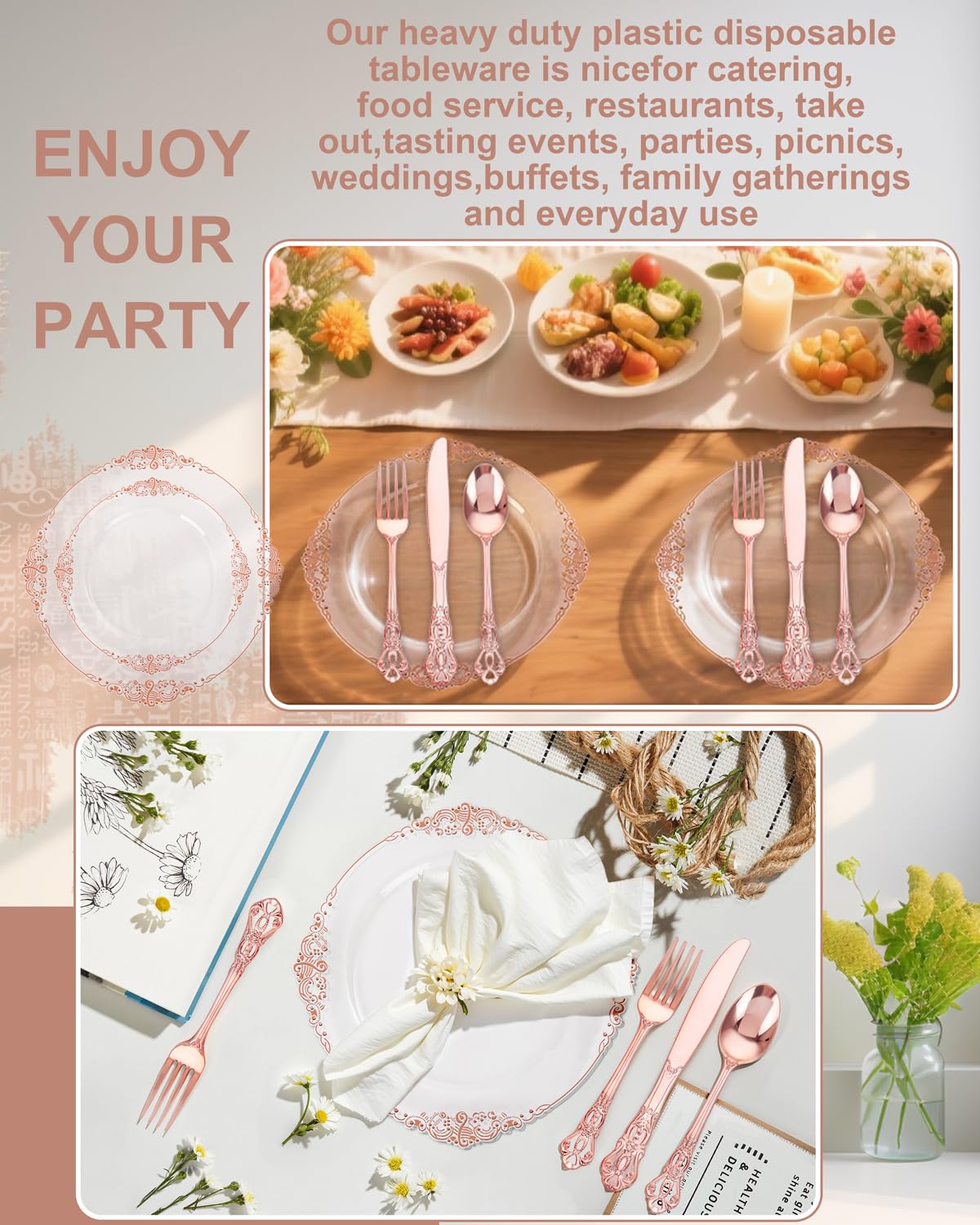 YOUBET 700PCS Rose Gold Plastic Dinnerware Set for Wedding Party