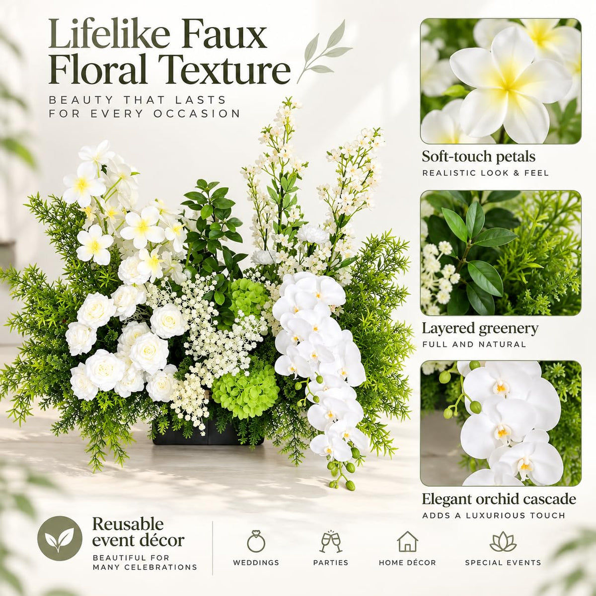 Artificial Floor Flower Arrangement, White & Green Wedding Event Decor
