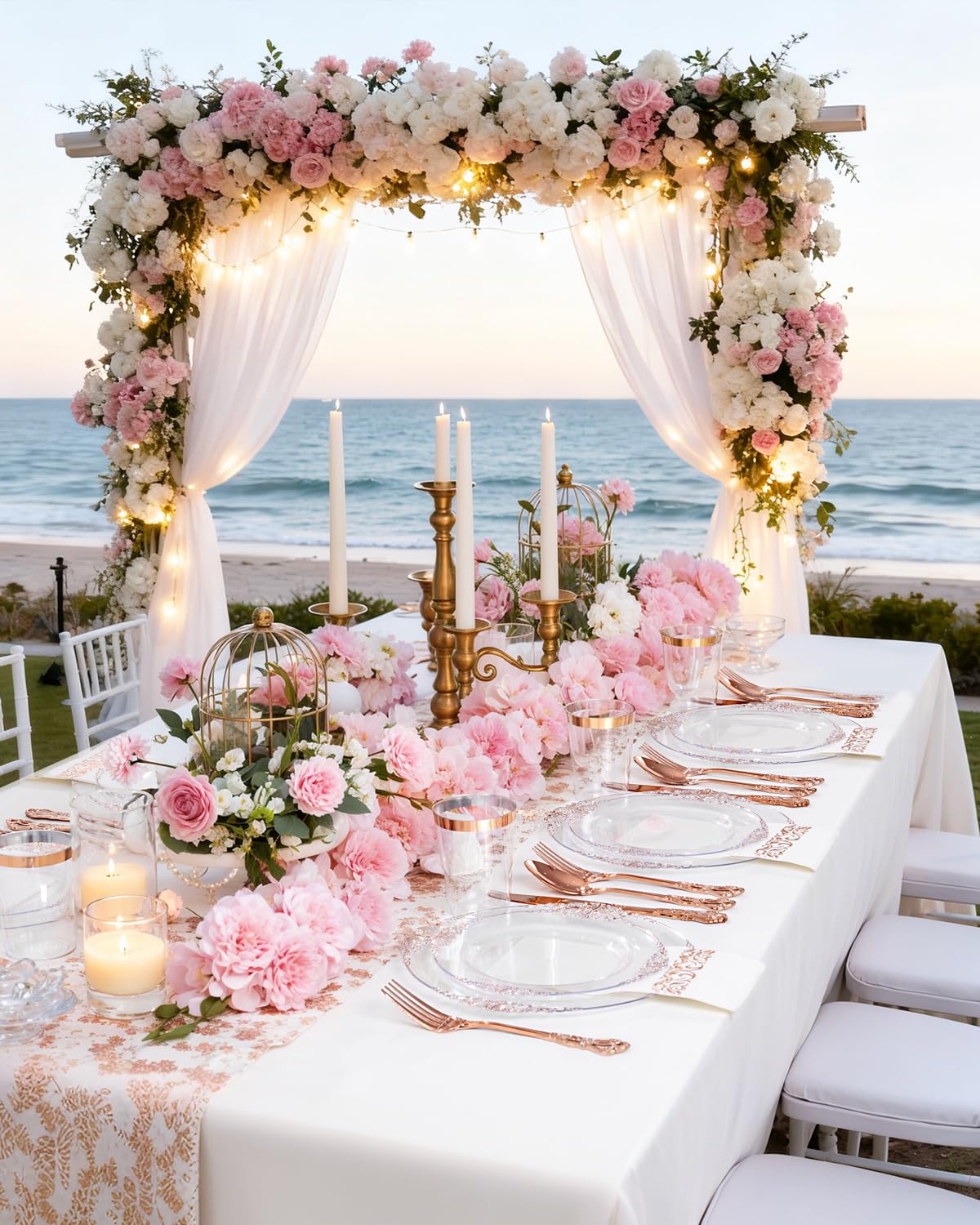 YOUBET 700PCS Rose Gold Plastic Dinnerware Set for Wedding Party