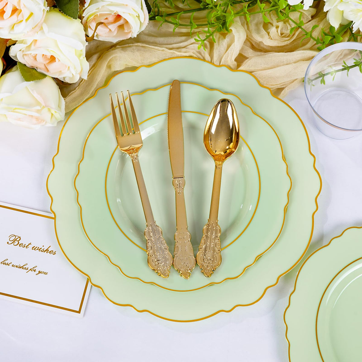 Light Green & Gold Disposable Dinnerware Set – 350 Pieces