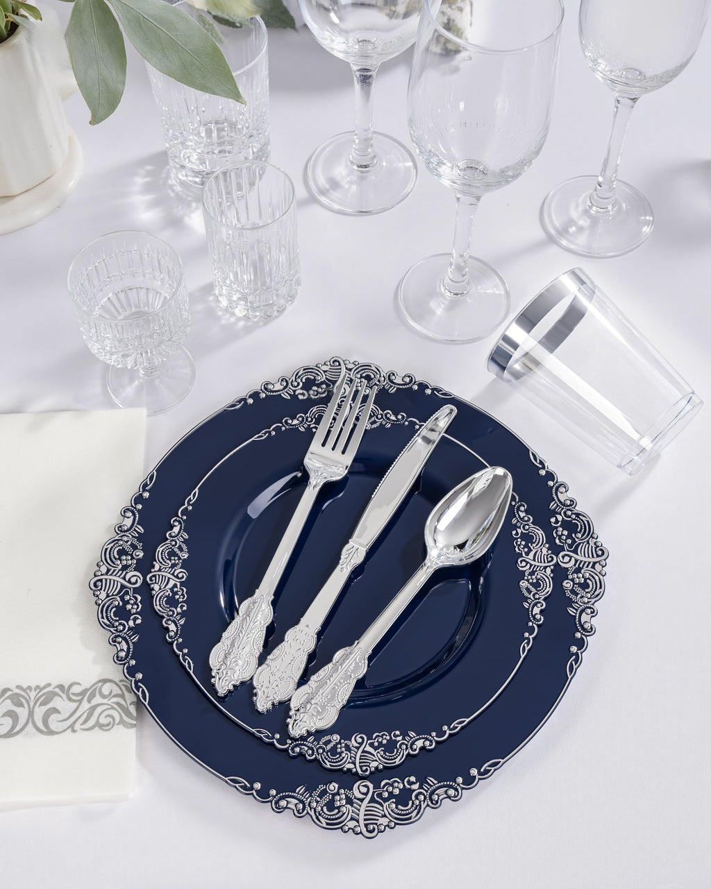Hioasis 350 Pcs Blue Silver Plates for Graduation