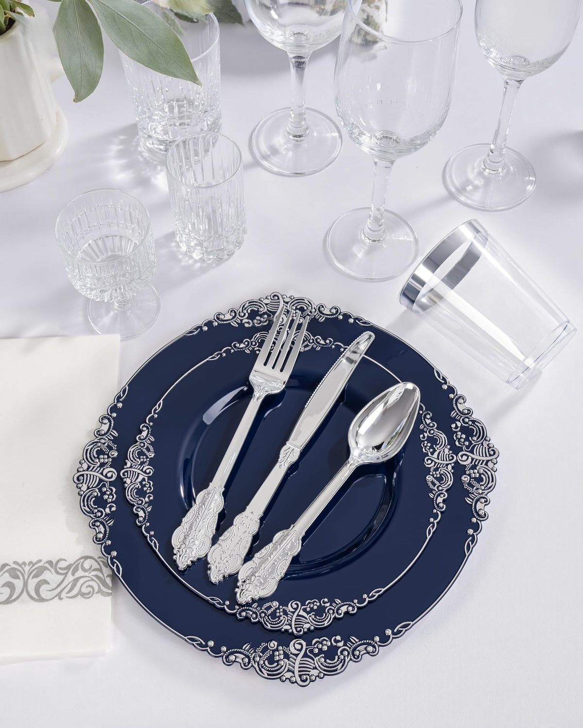 Hioasis 350 Pcs Blue Silver Plates for Graduation