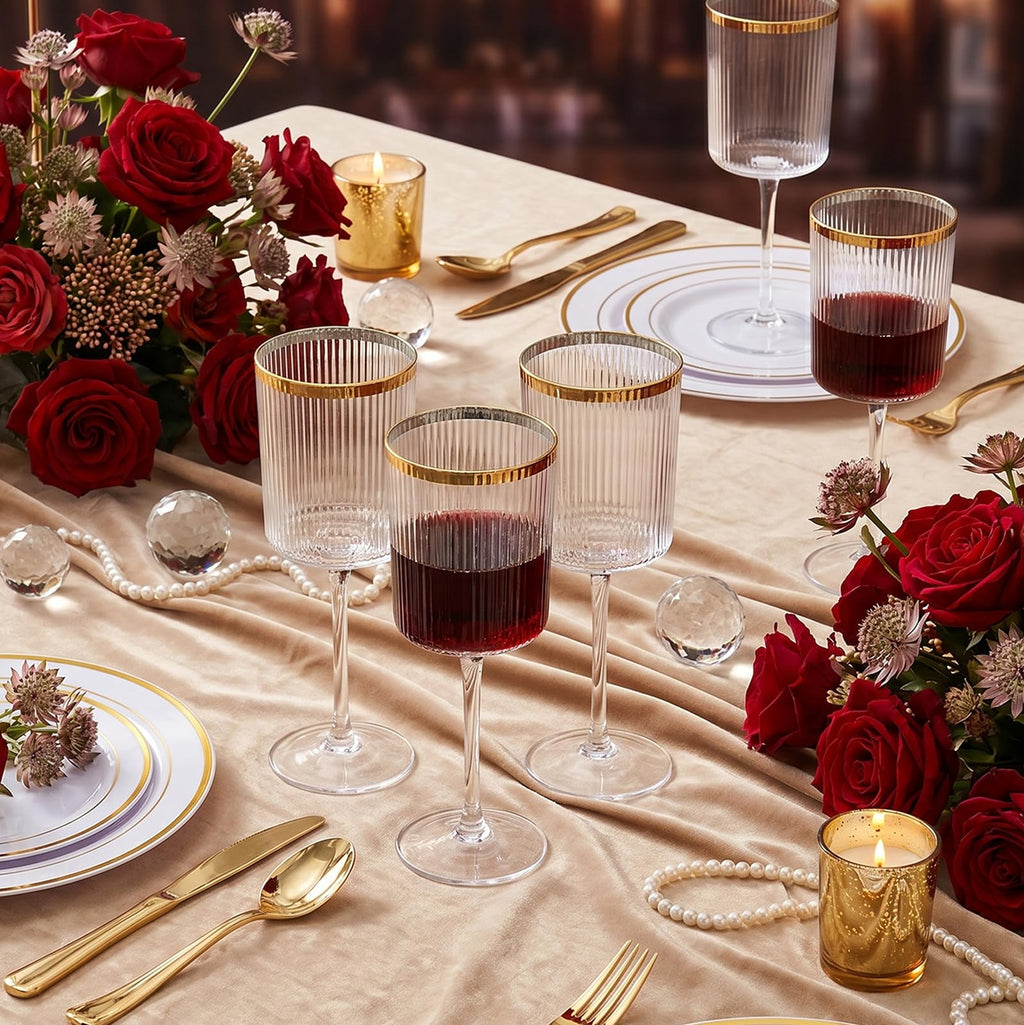 Gold Disposable Plates & Clear Wine Glasses – 374 Pieces