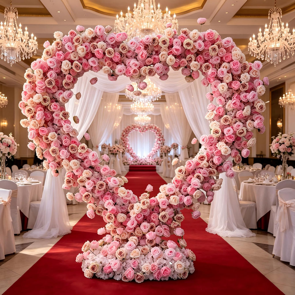 Pink Artificial Flower Decor with Fabric Heart-Shaped Backdrop