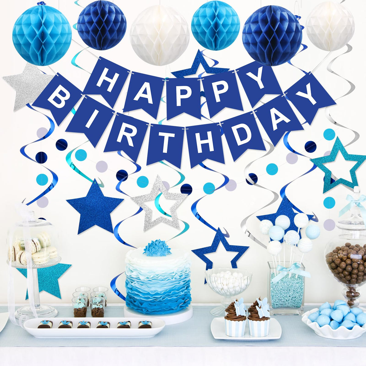 Happy Birthday Banner with Honeycomb Balls