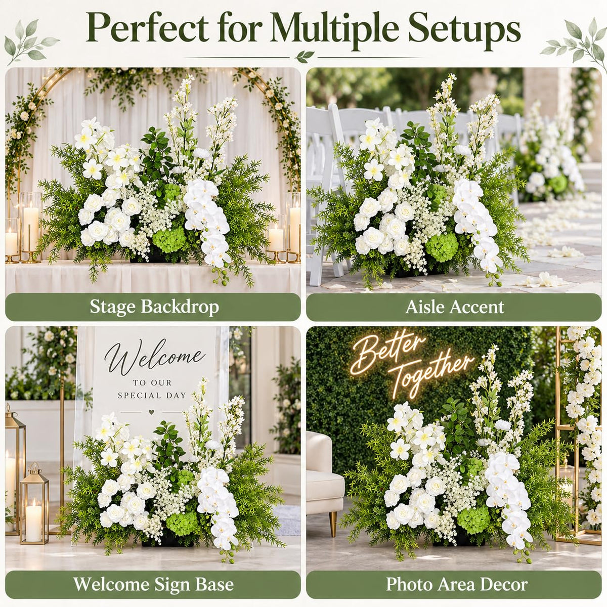 Artificial Floor Flower Arrangement, White & Green Wedding Event Decor