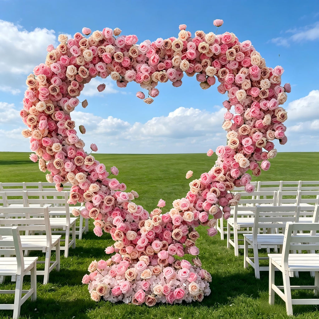 Pink Artificial Flower Decor with Fabric Heart-Shaped Backdrop