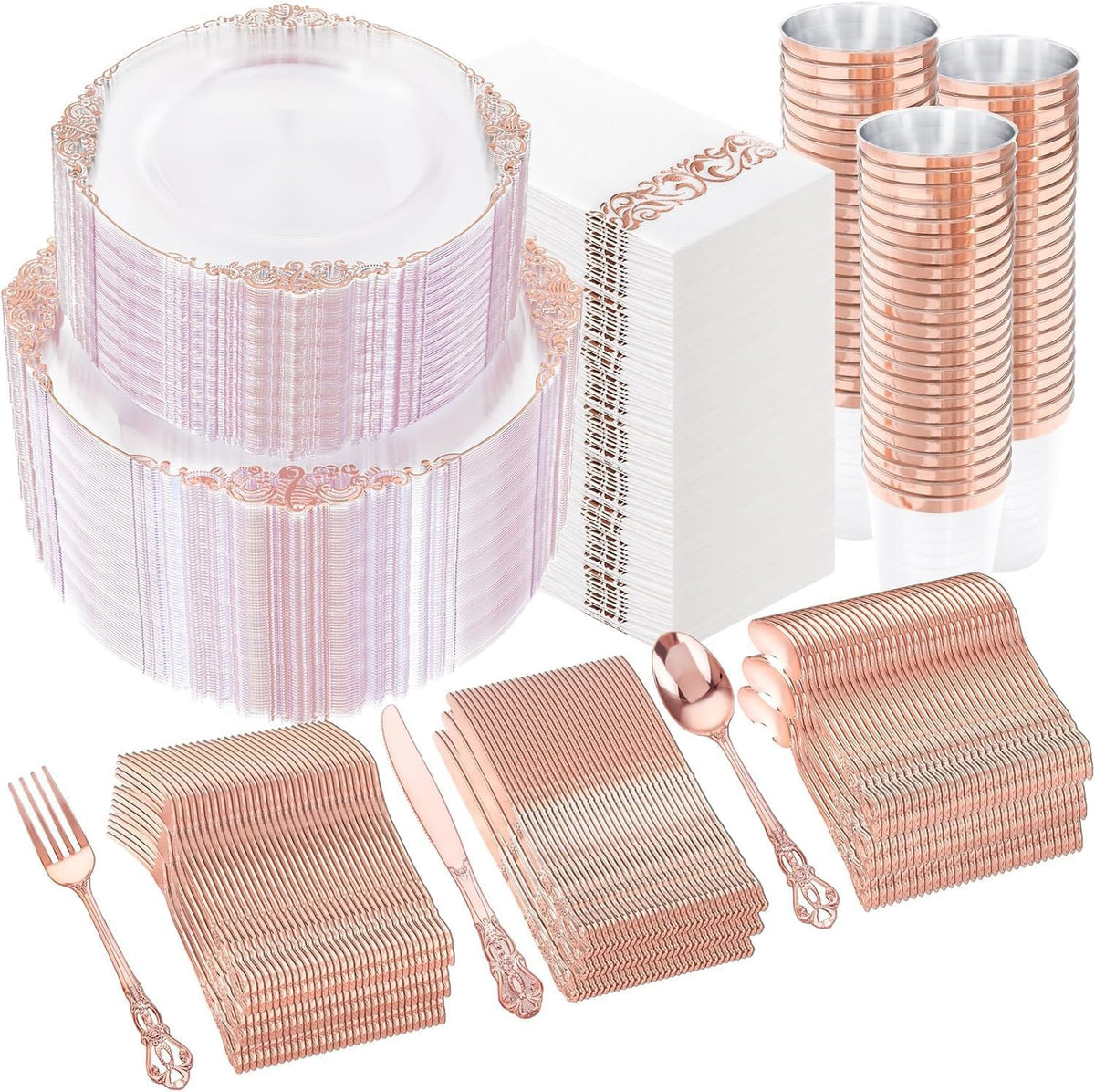 YOUBET 700PCS Rose Gold Plastic Dinnerware Set for Wedding Party
