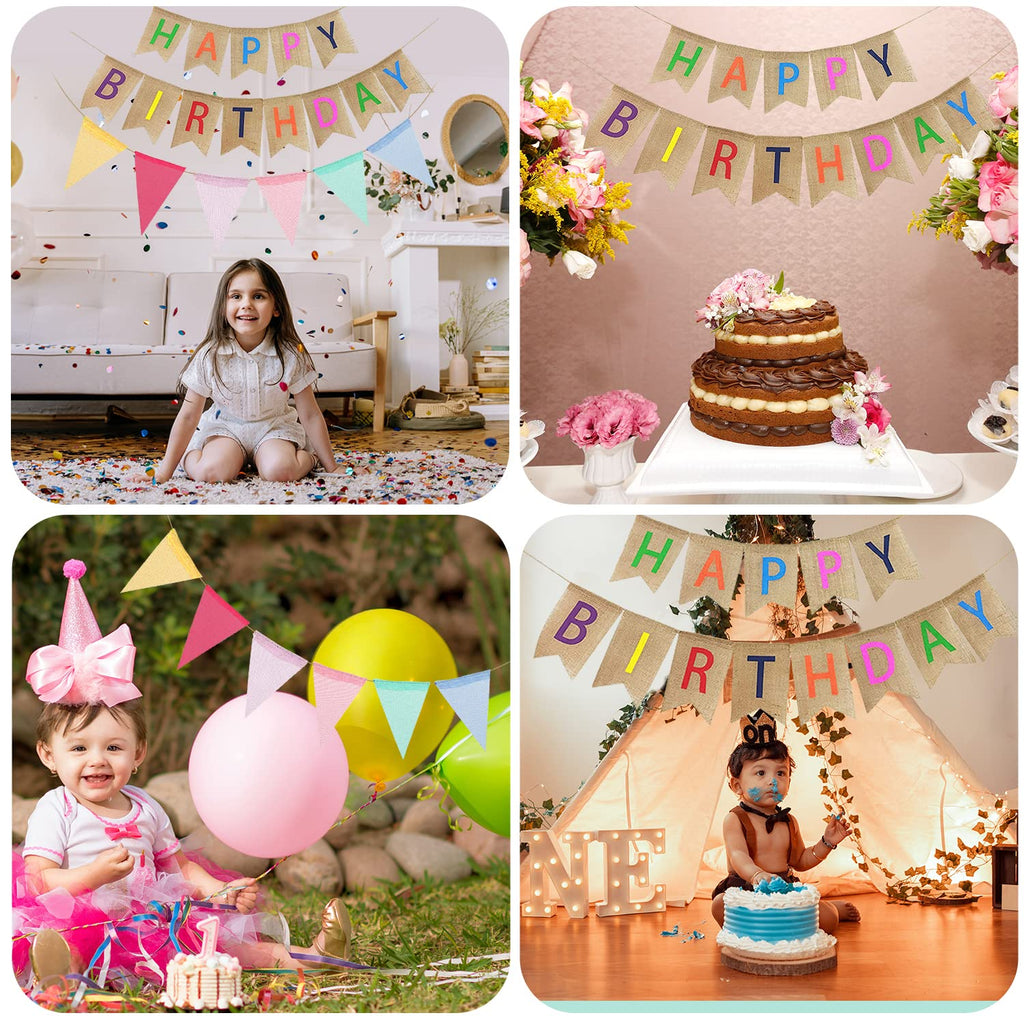 Colorful Happy Birthday Linen Bunting Banner