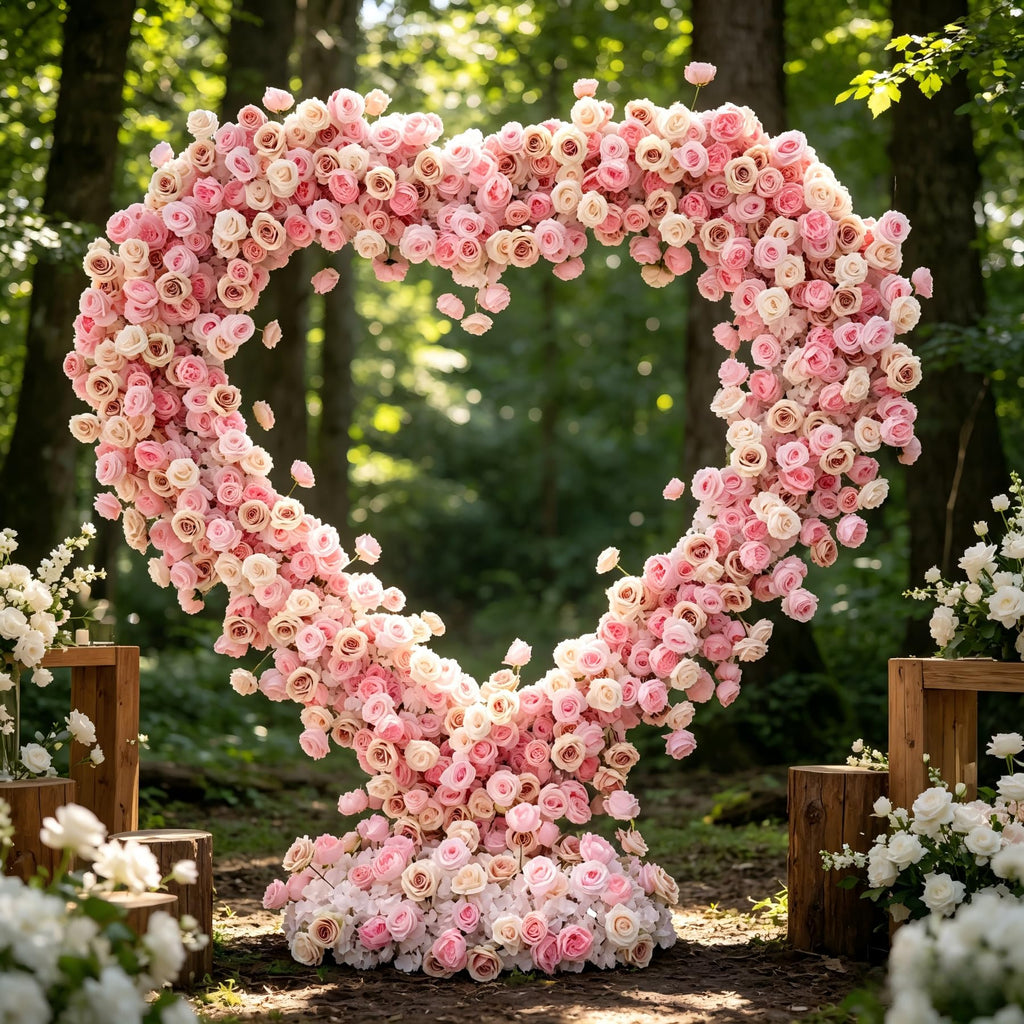 Pink Artificial Flower Decor with Fabric Heart-Shaped Backdrop