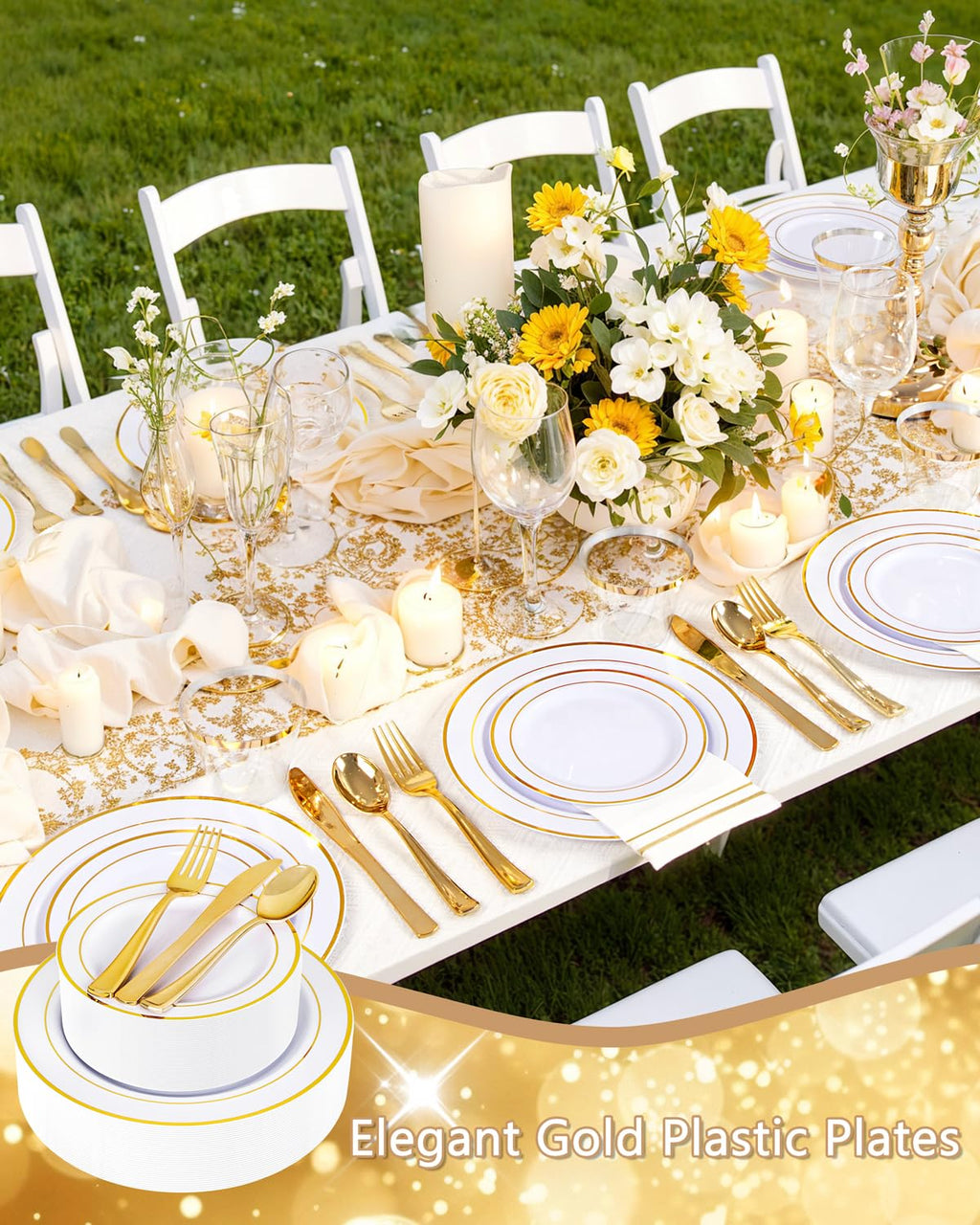 Gold Disposable Plates & Clear Wine Glasses – 374 Pieces