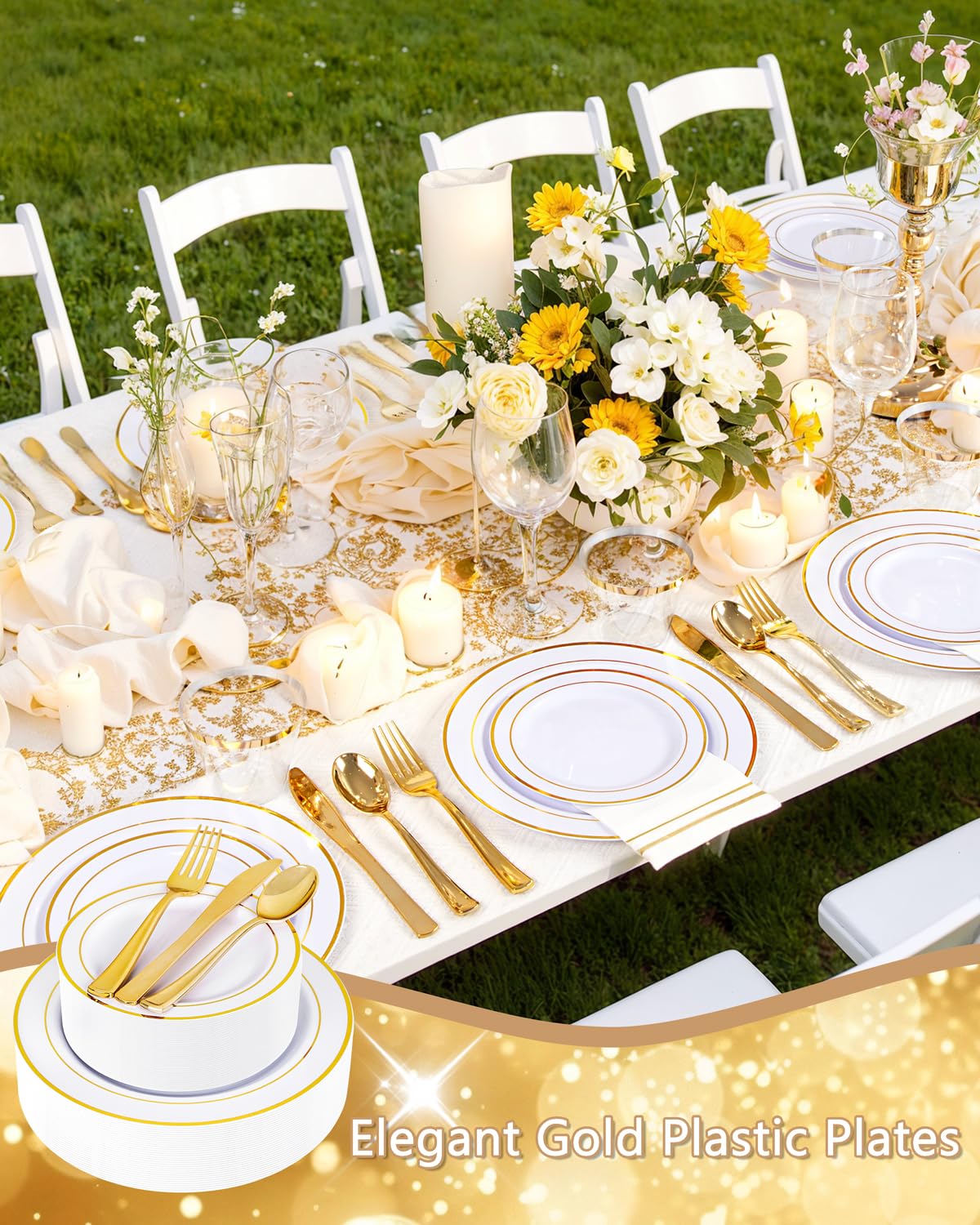 Gold Disposable Plates & Clear Wine Glasses – 374 Pieces