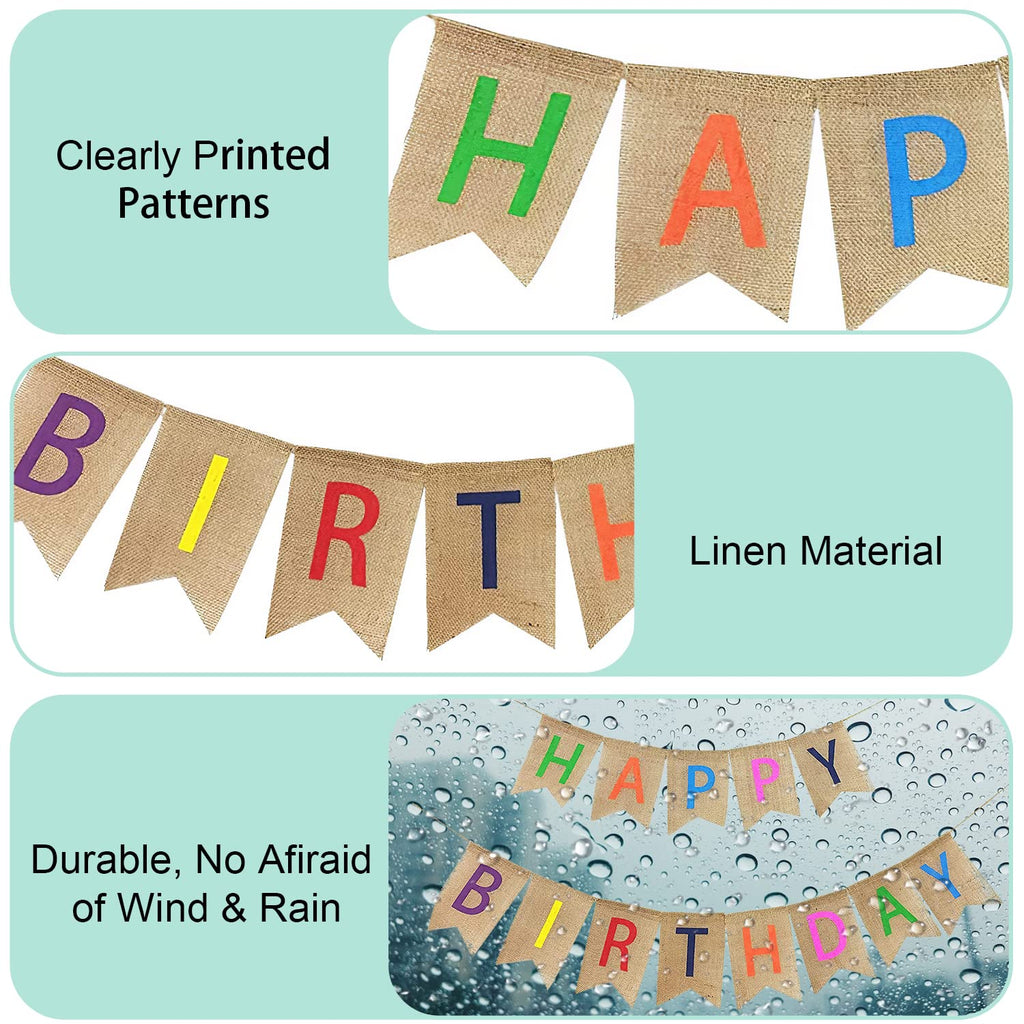 Colorful Happy Birthday Linen Bunting Banner