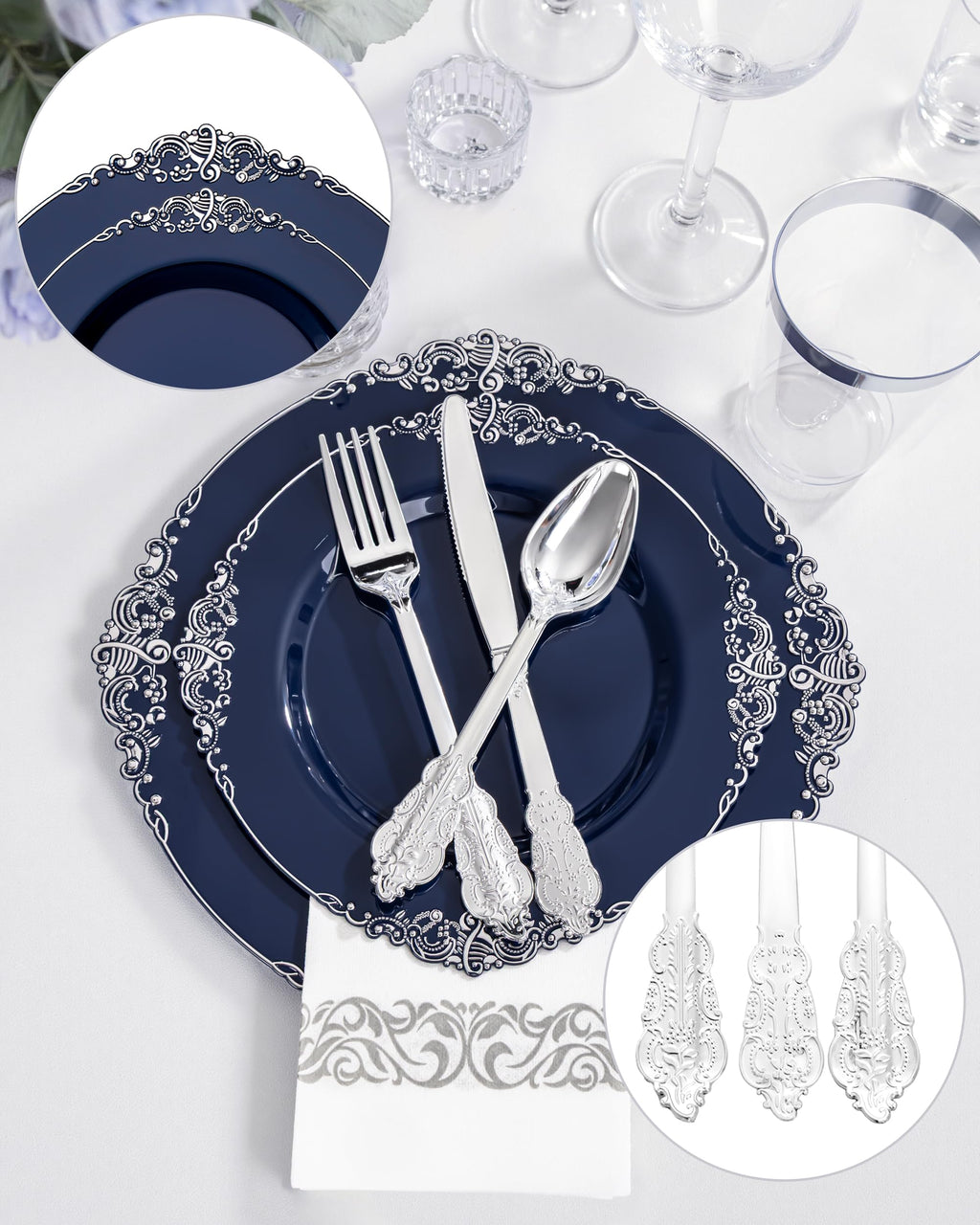 Hioasis 350 Pcs Blue Silver Plates for Graduation