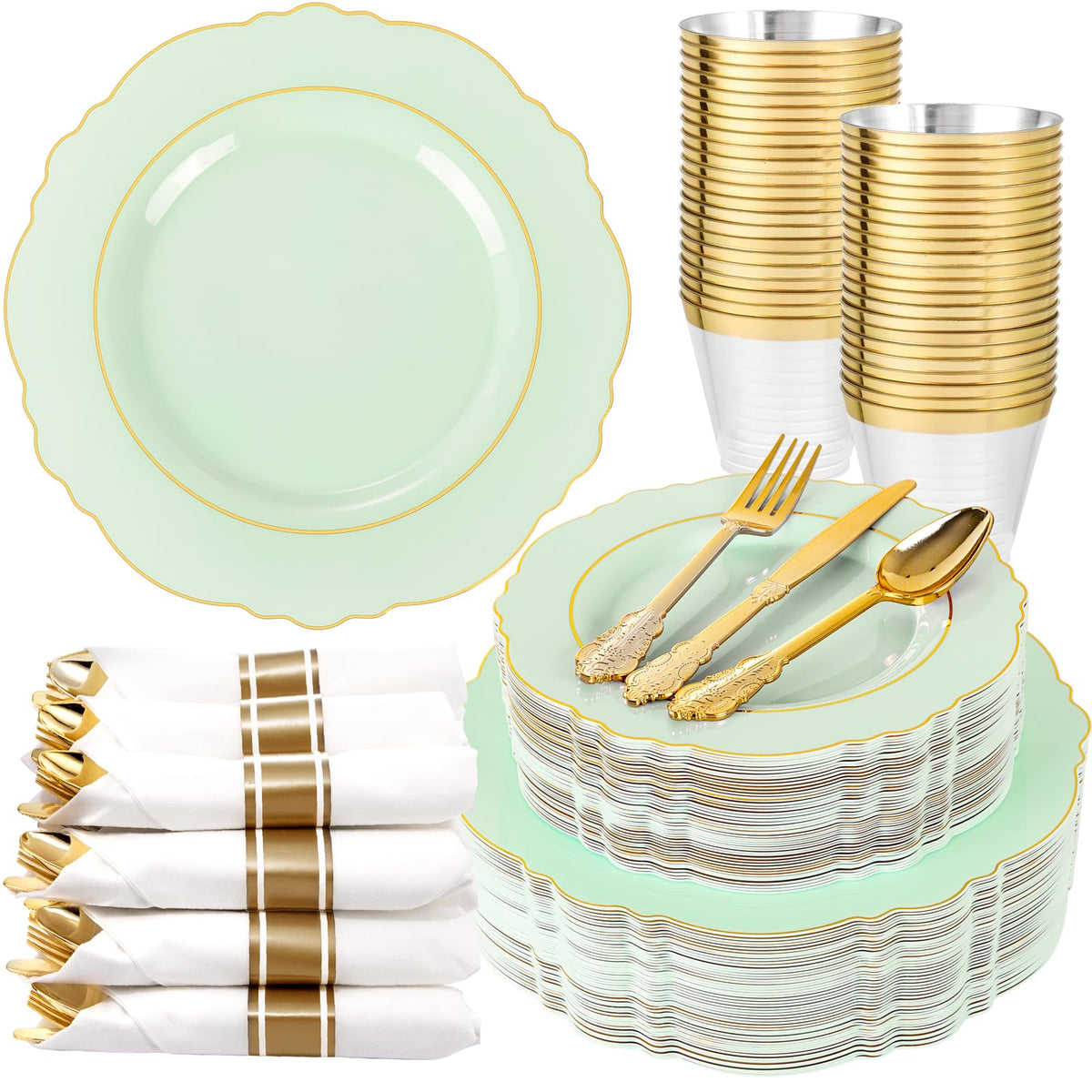 Light Green & Gold Disposable Dinnerware Set – 350 Pieces